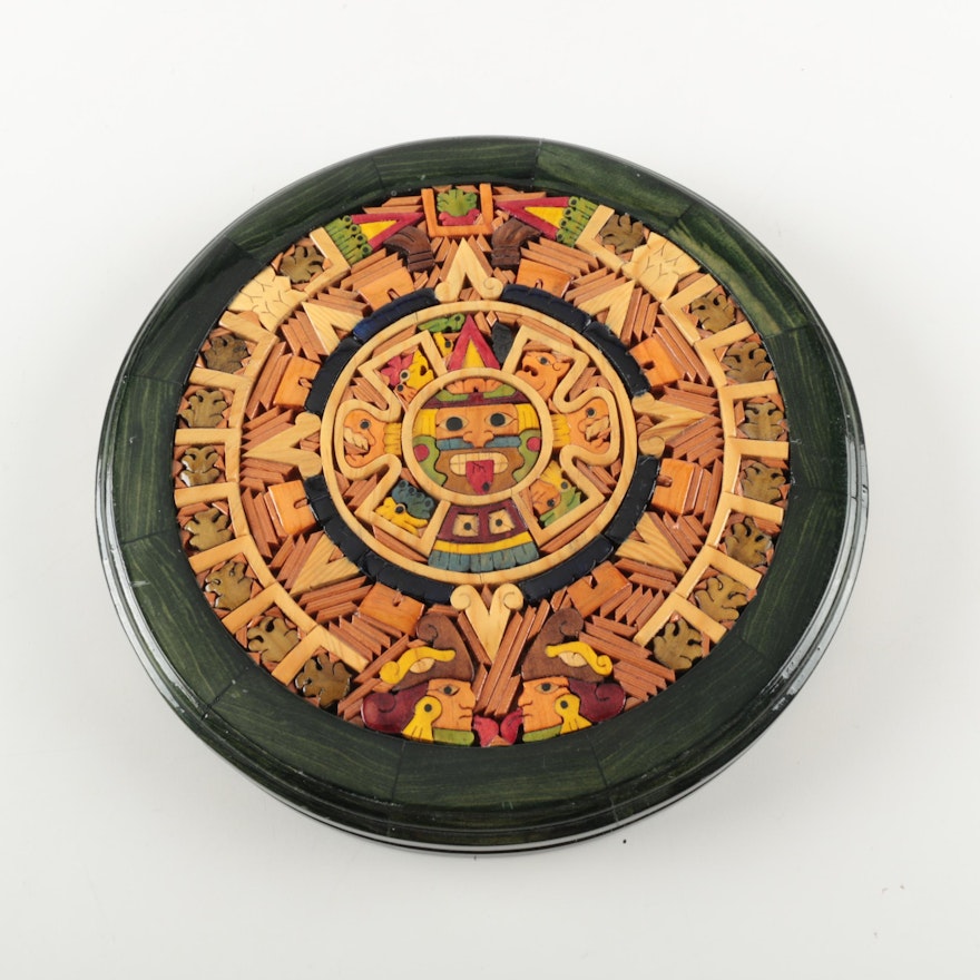 Painted Wood Aztec Calendar