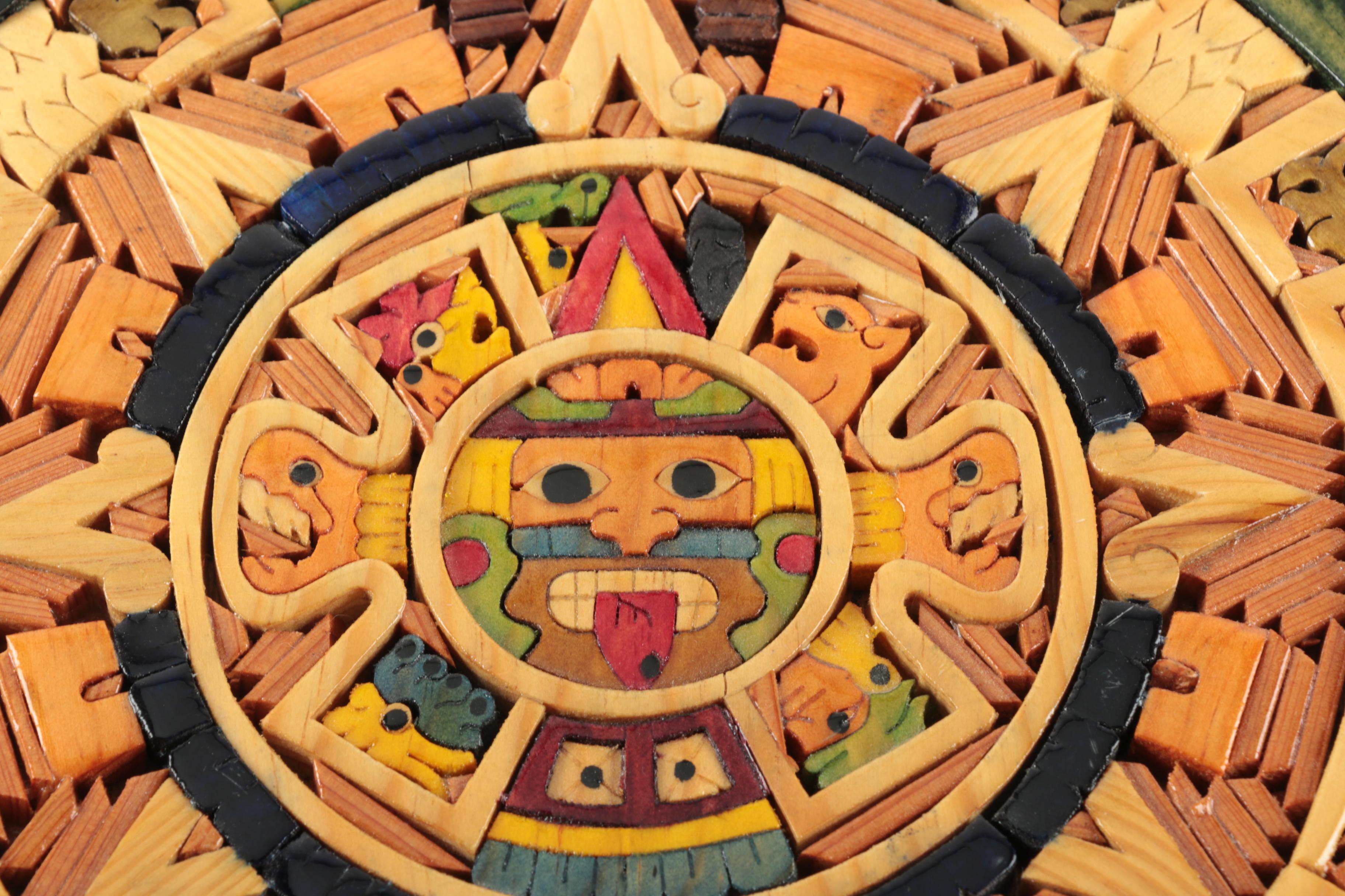 Painted Wood Aztec Calendar
