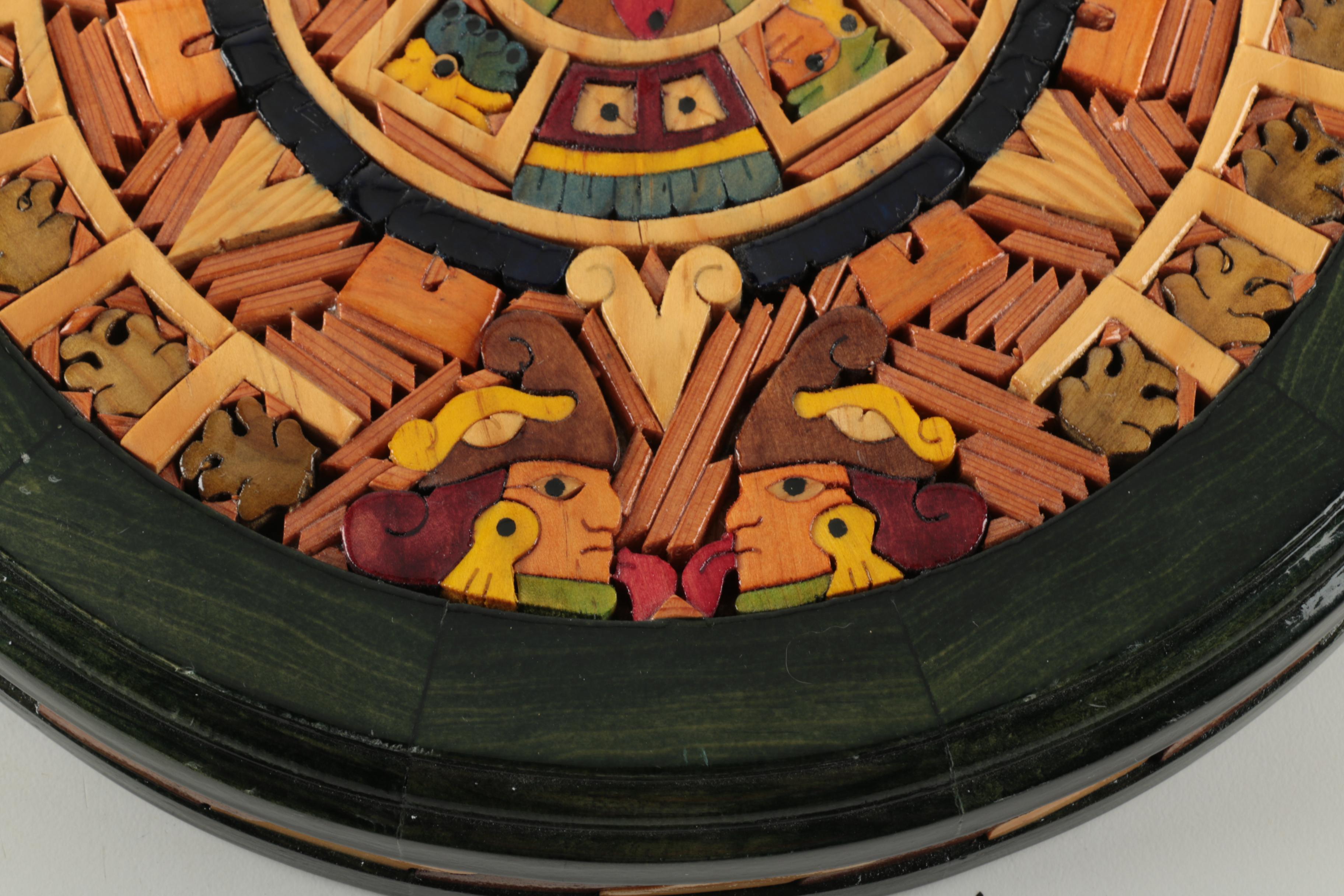 Painted Wood Aztec Calendar