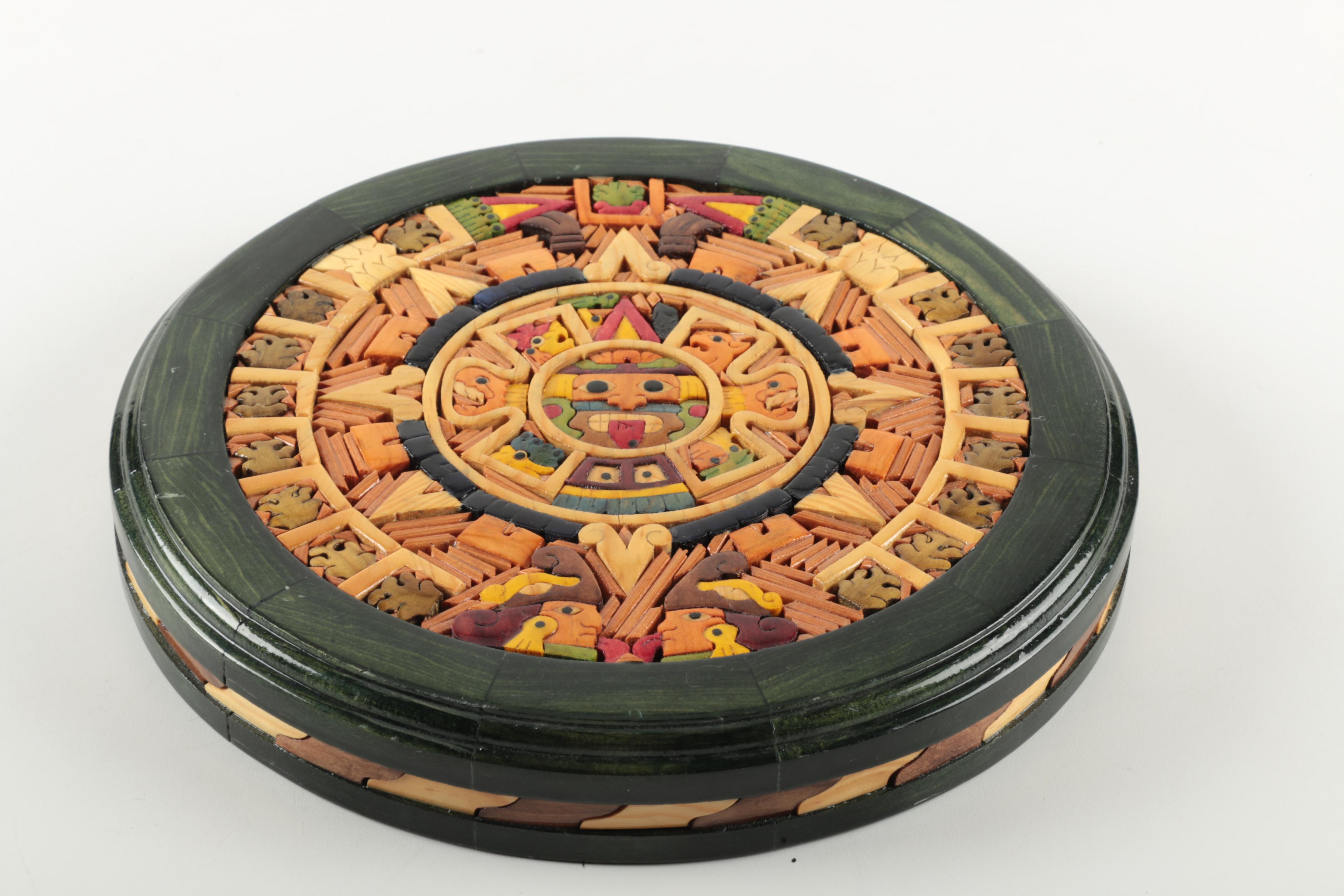 Painted Wood Aztec Calendar