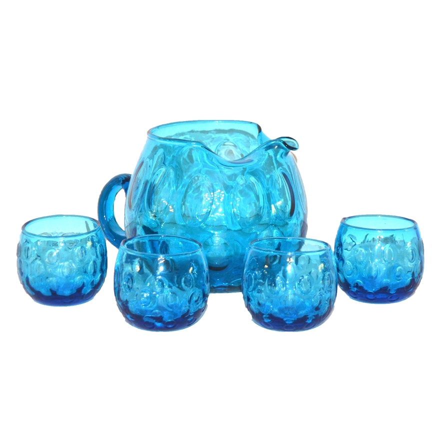 Hand-Blown Blue Art Glass Pitcher and Drinking Glass Set