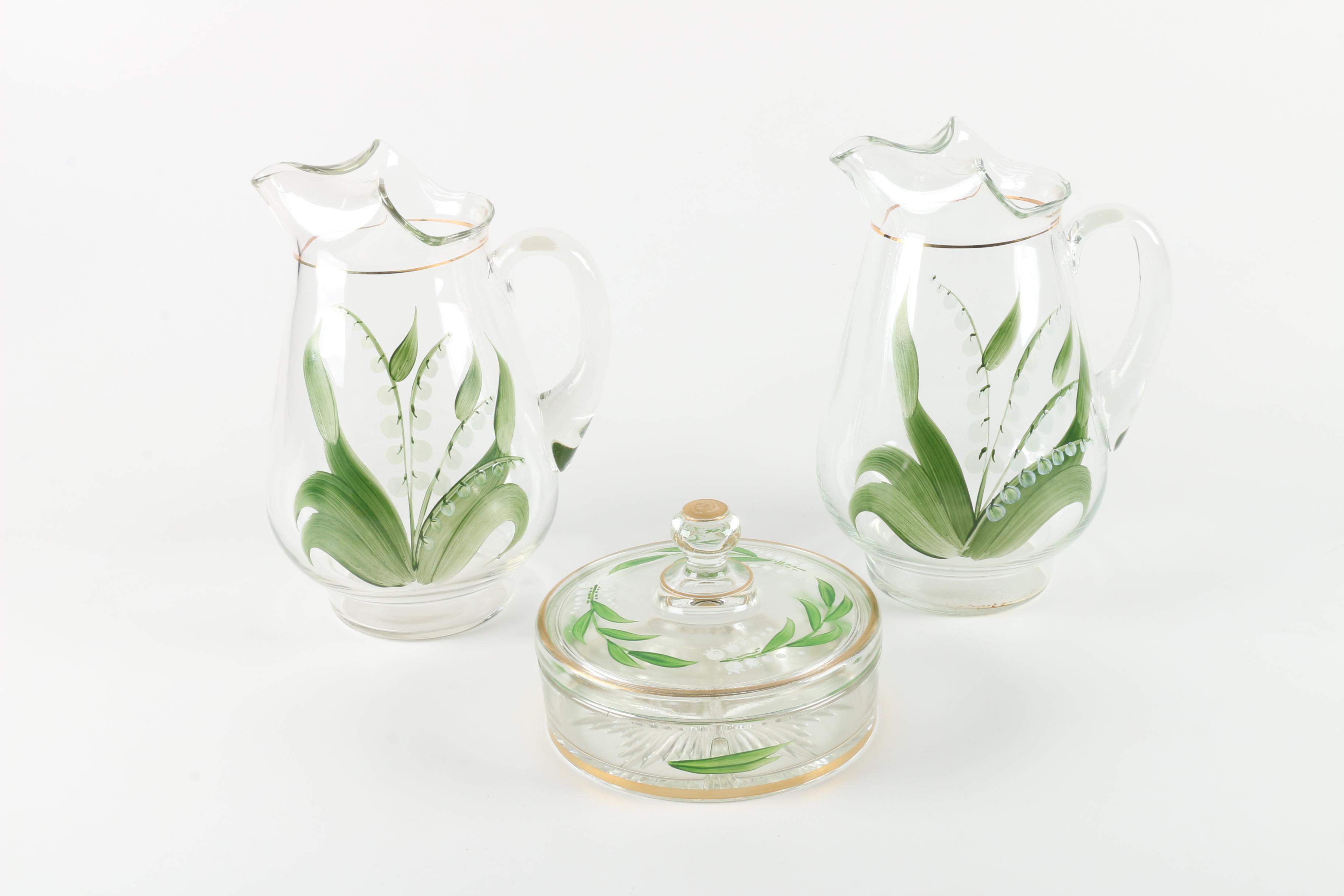 Painted Glass Pitchers and Covered Dish