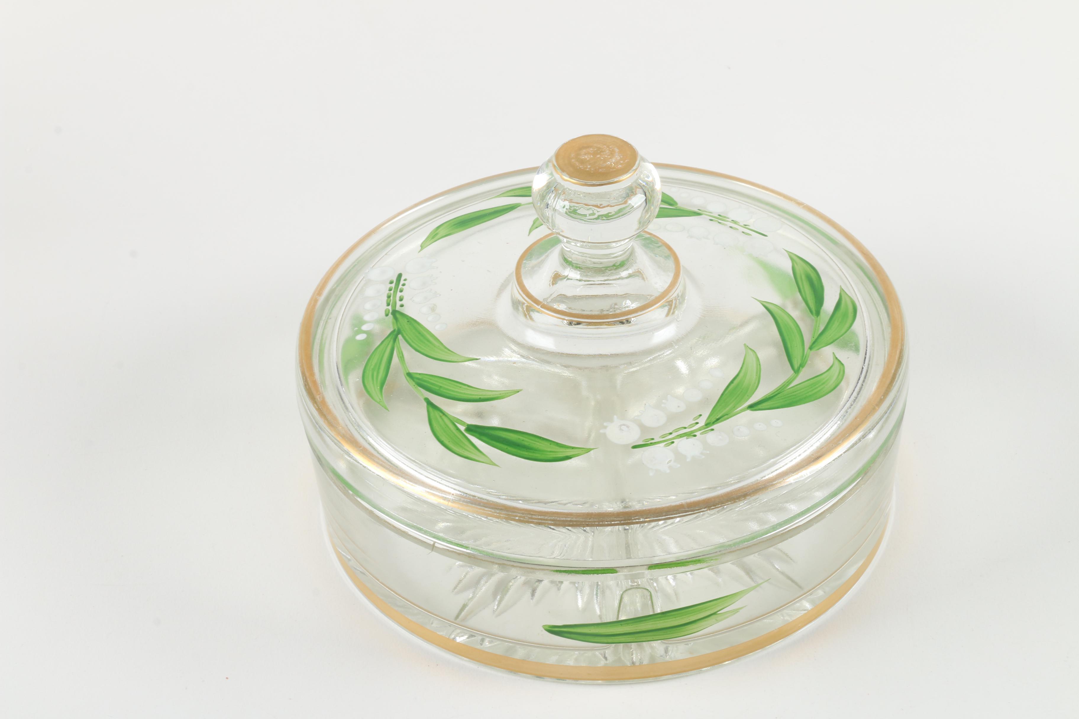 Painted Glass Pitchers and Covered Dish