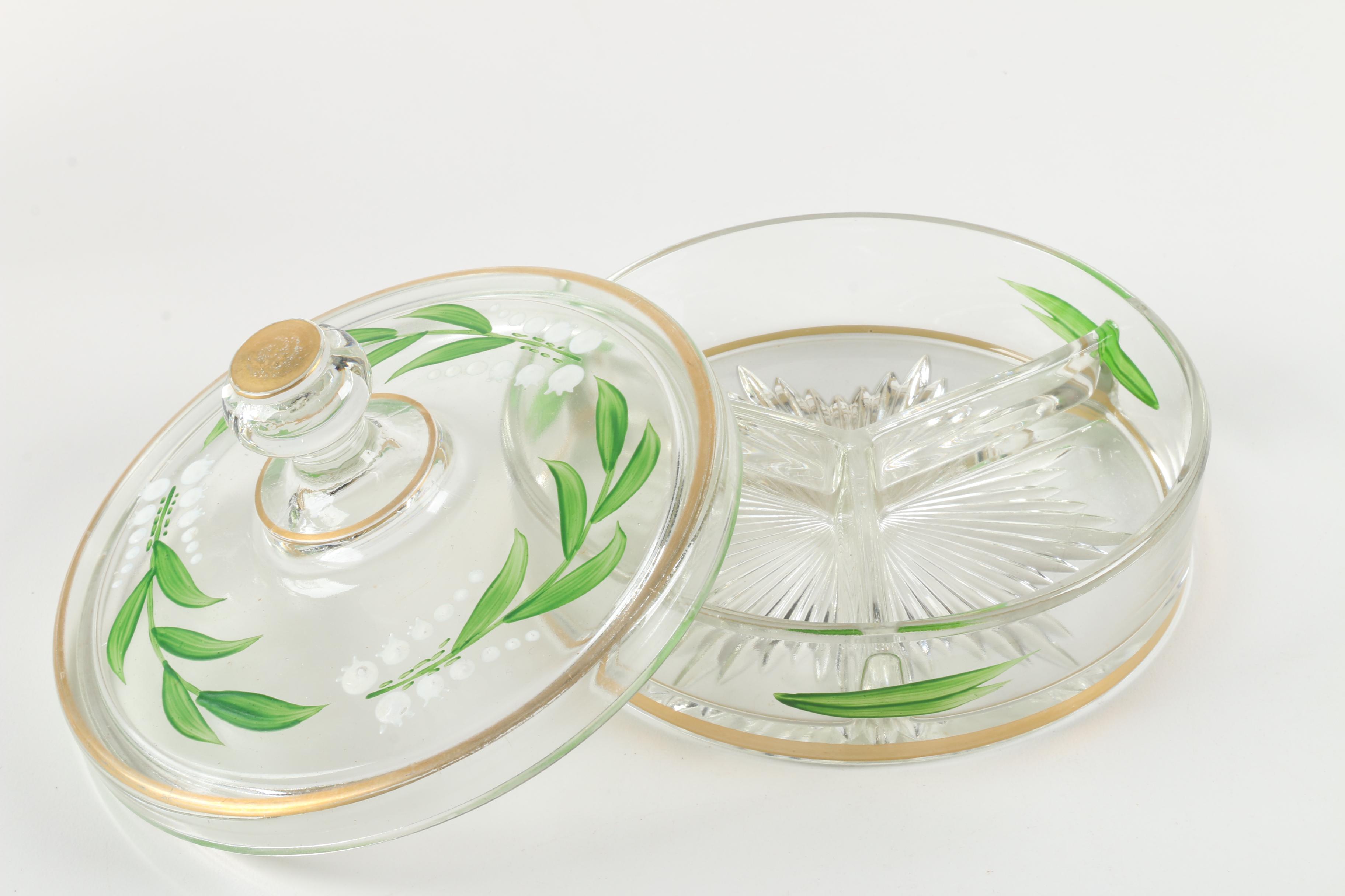 Painted Glass Pitchers and Covered Dish