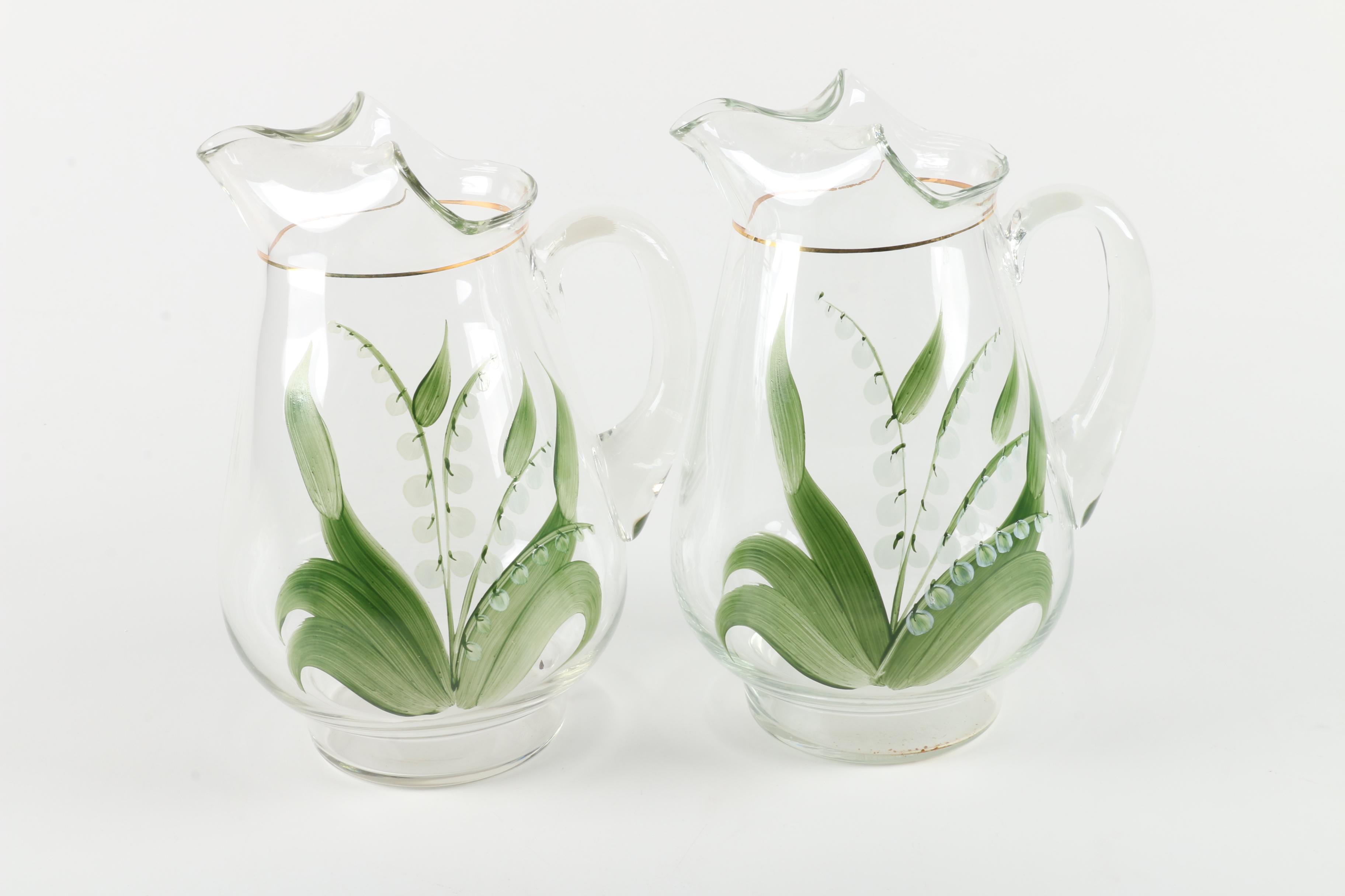 Painted Glass Pitchers and Covered Dish