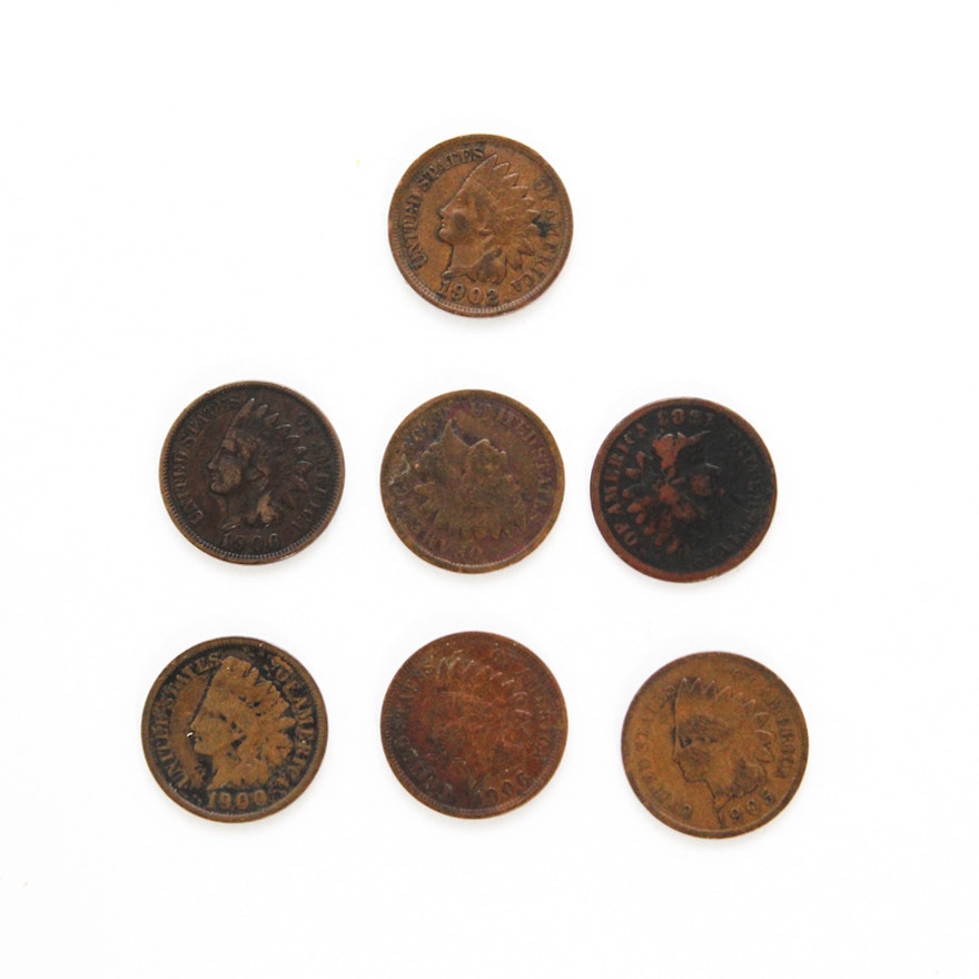 Seven Antique U.S. Indian Head Copper Pennies