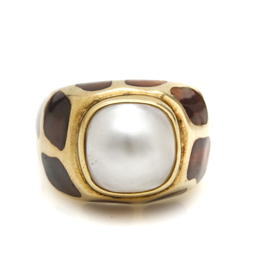 14K Yellow Gold Mabe Pearl and Enamel Ring