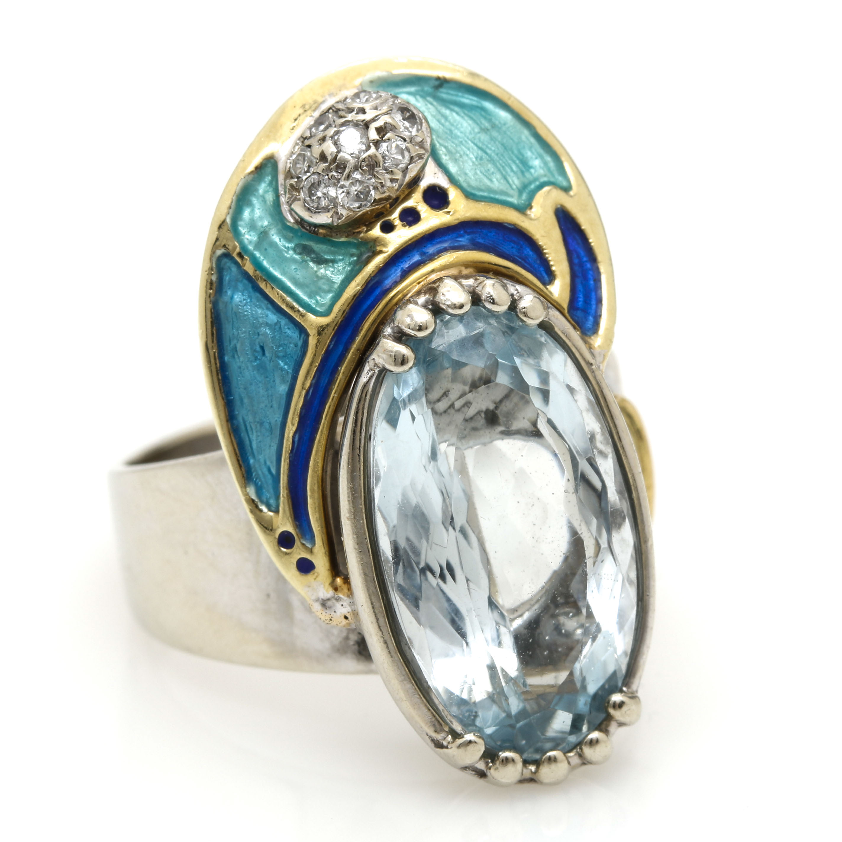 14K White and Yellow Gold Topaz, Diamond and Enamel Ring