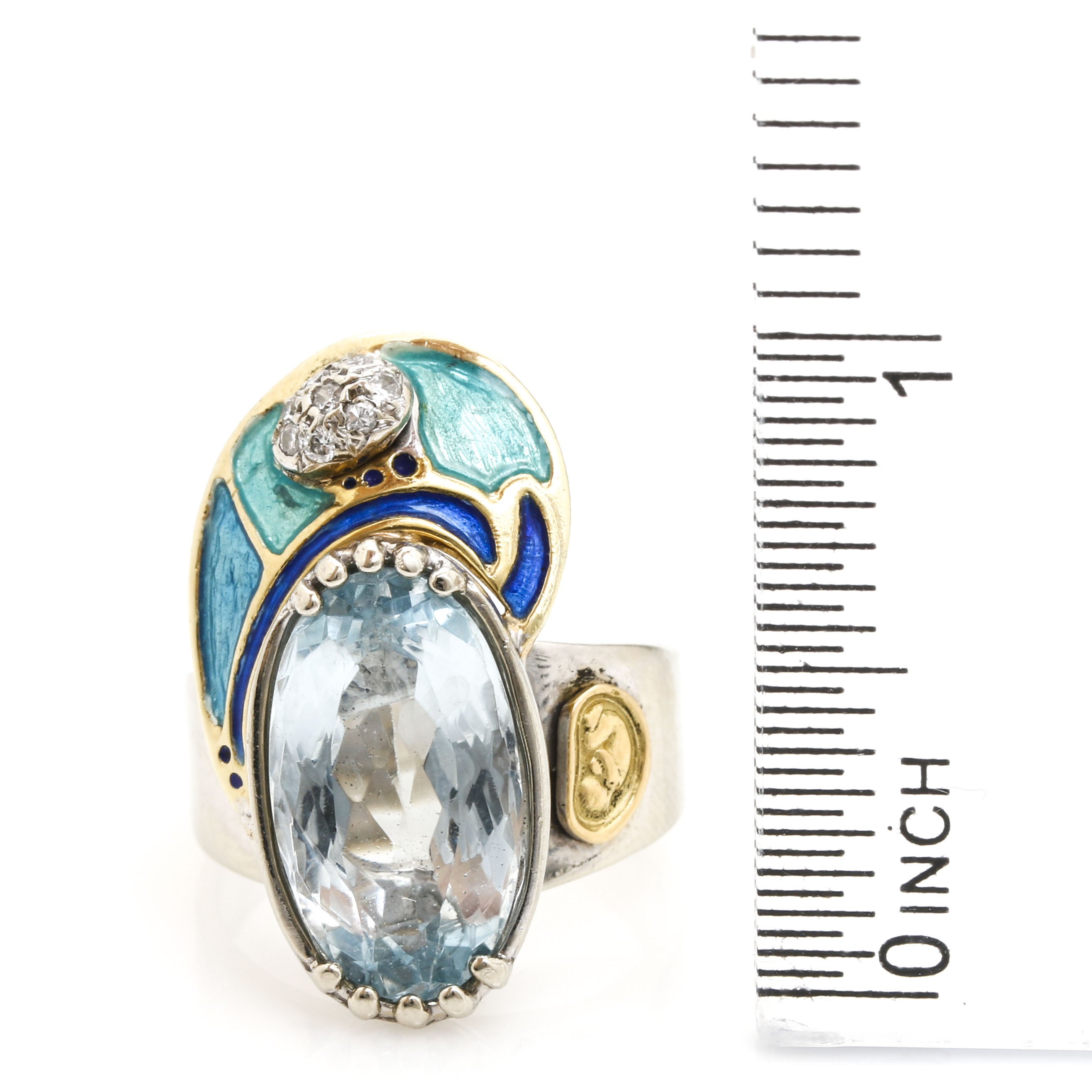 14K White and Yellow Gold Topaz, Diamond and Enamel Ring