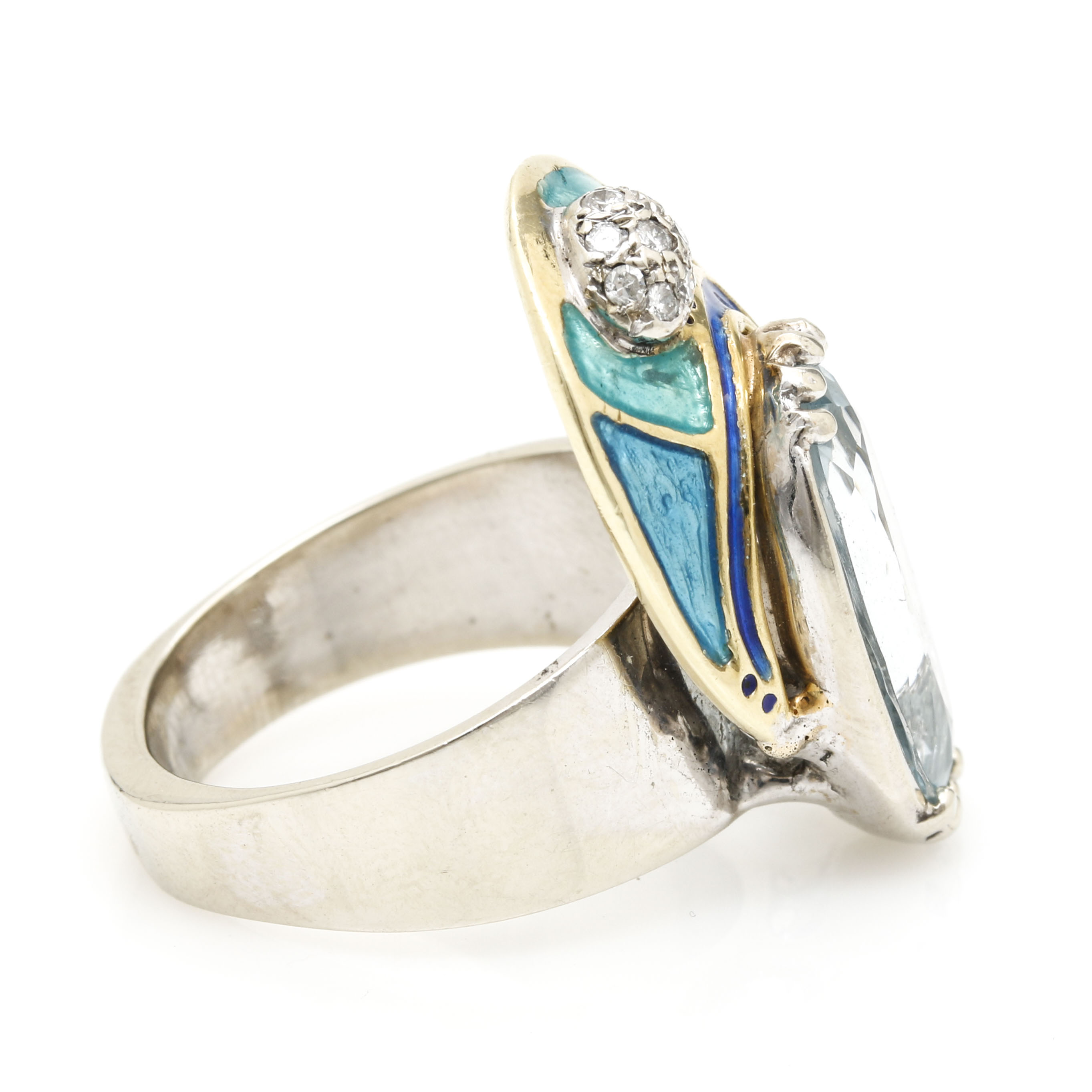 14K White and Yellow Gold Topaz, Diamond and Enamel Ring