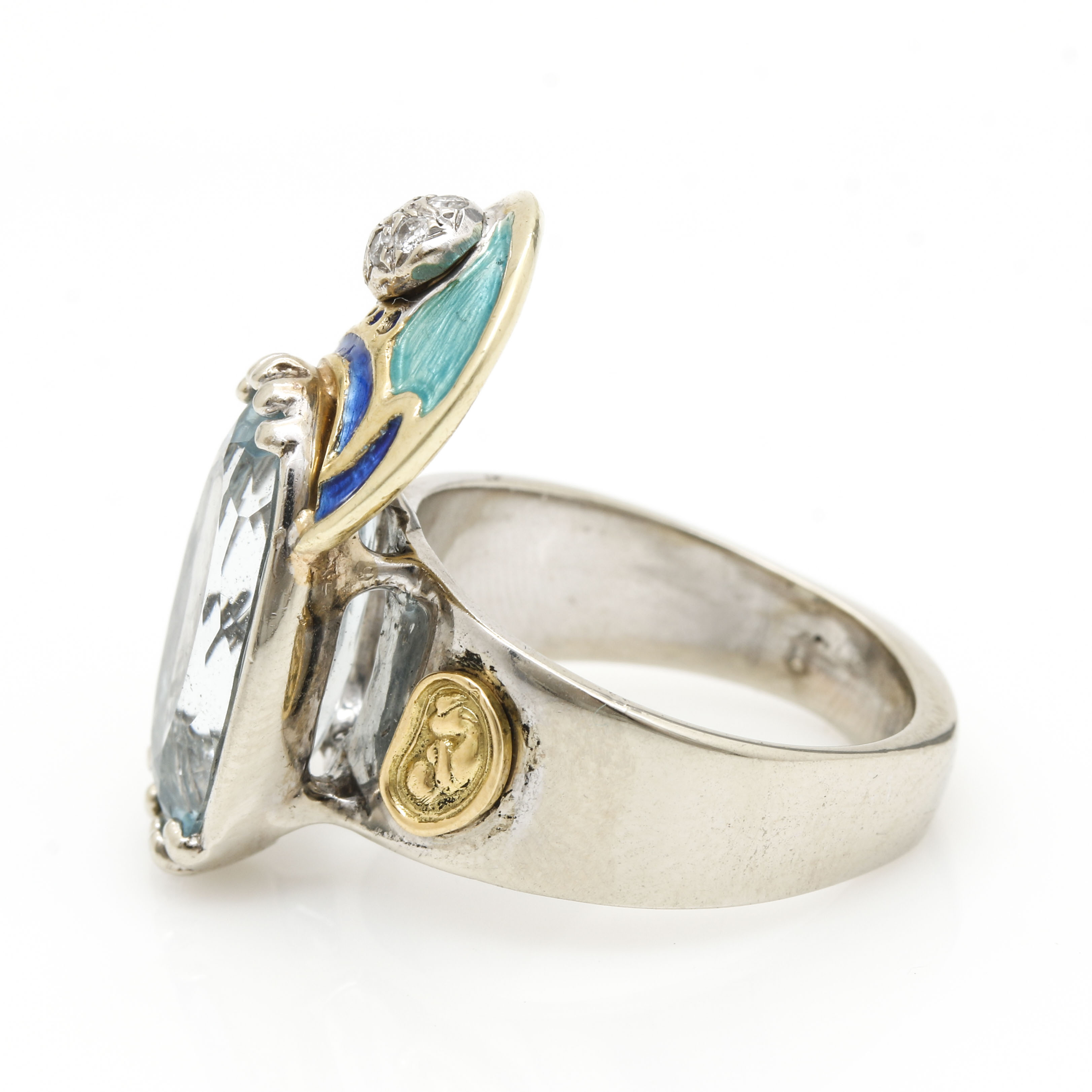 14K White and Yellow Gold Topaz, Diamond and Enamel Ring