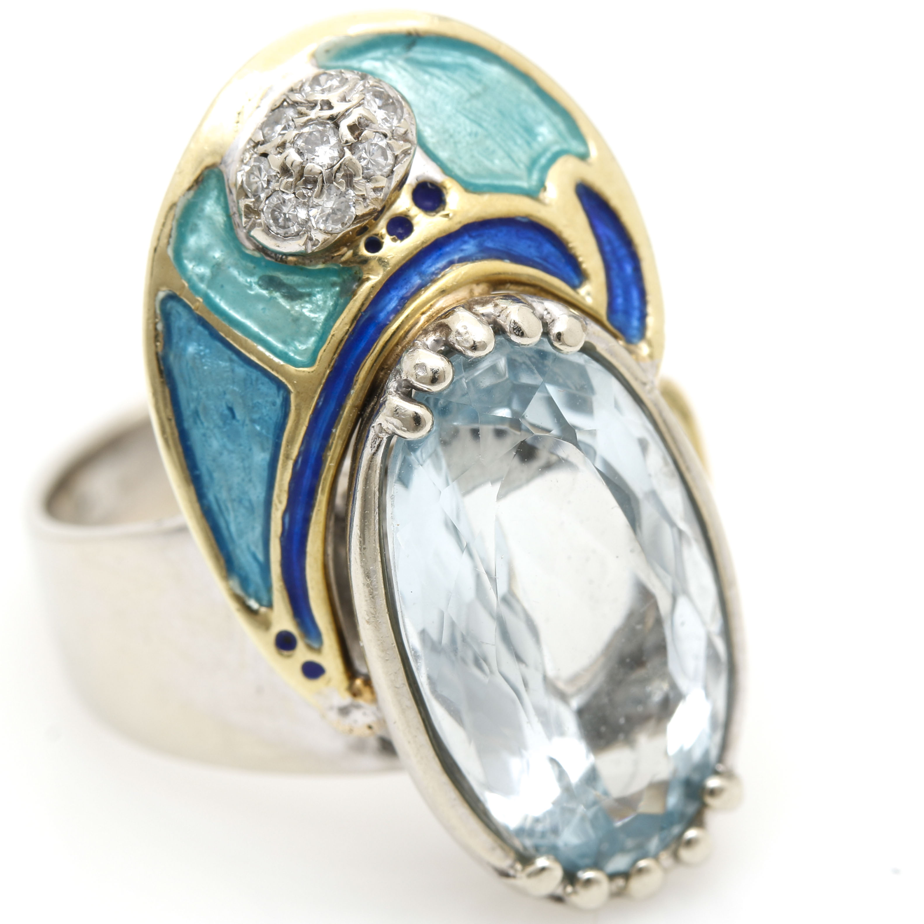 14K White and Yellow Gold Topaz, Diamond and Enamel Ring