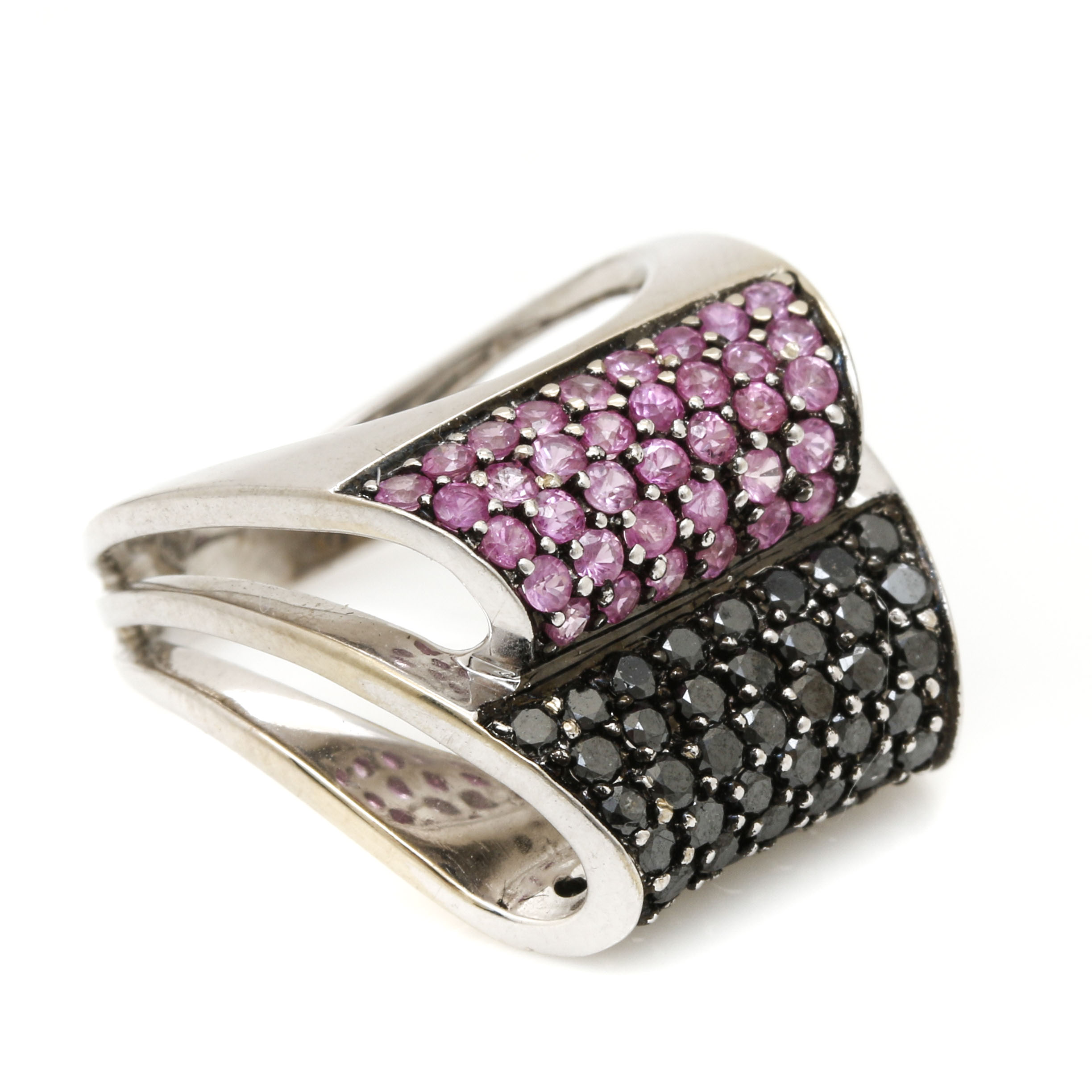 18K White Gold Pink Sapphire and Black Diamond Ring