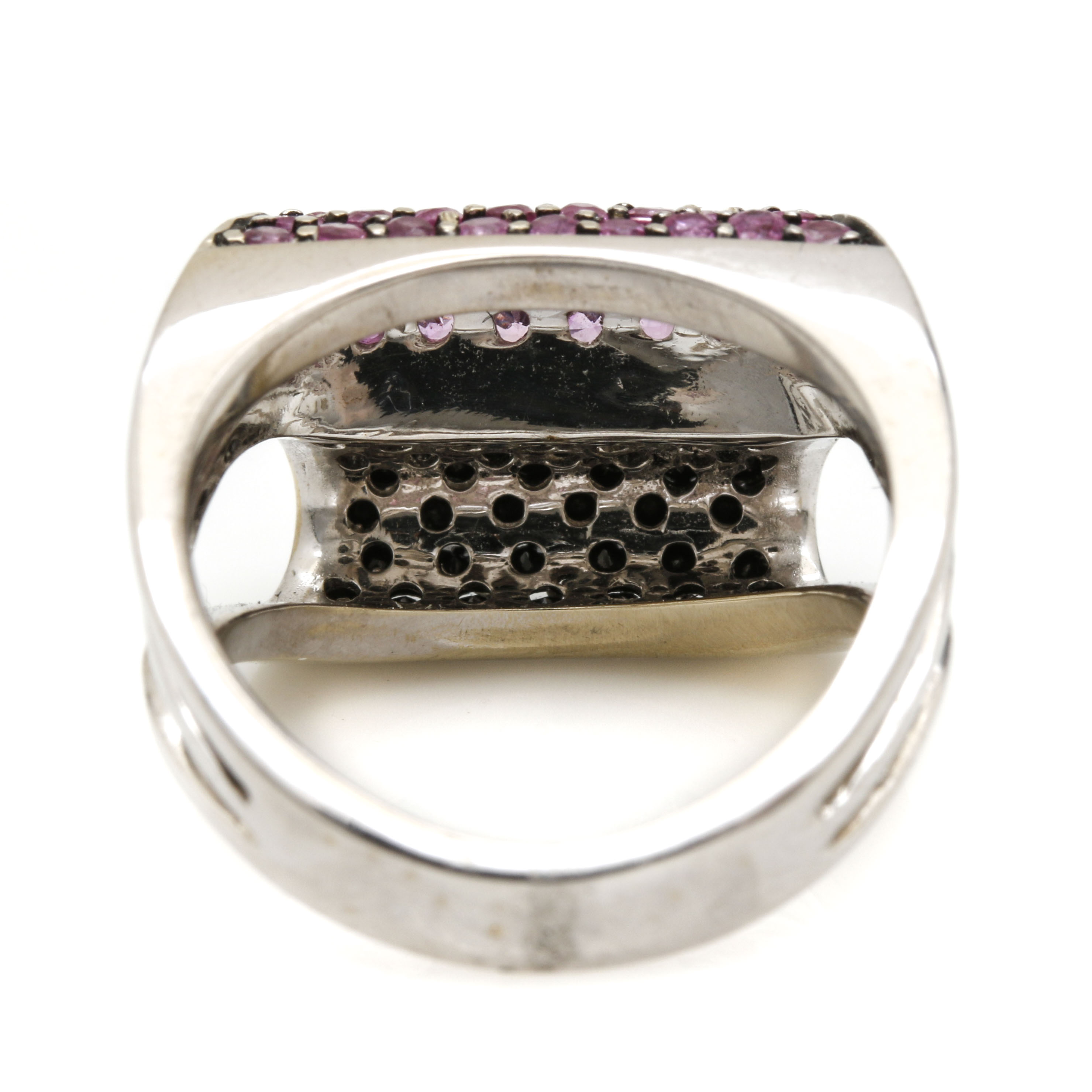 18K White Gold Pink Sapphire and Black Diamond Ring