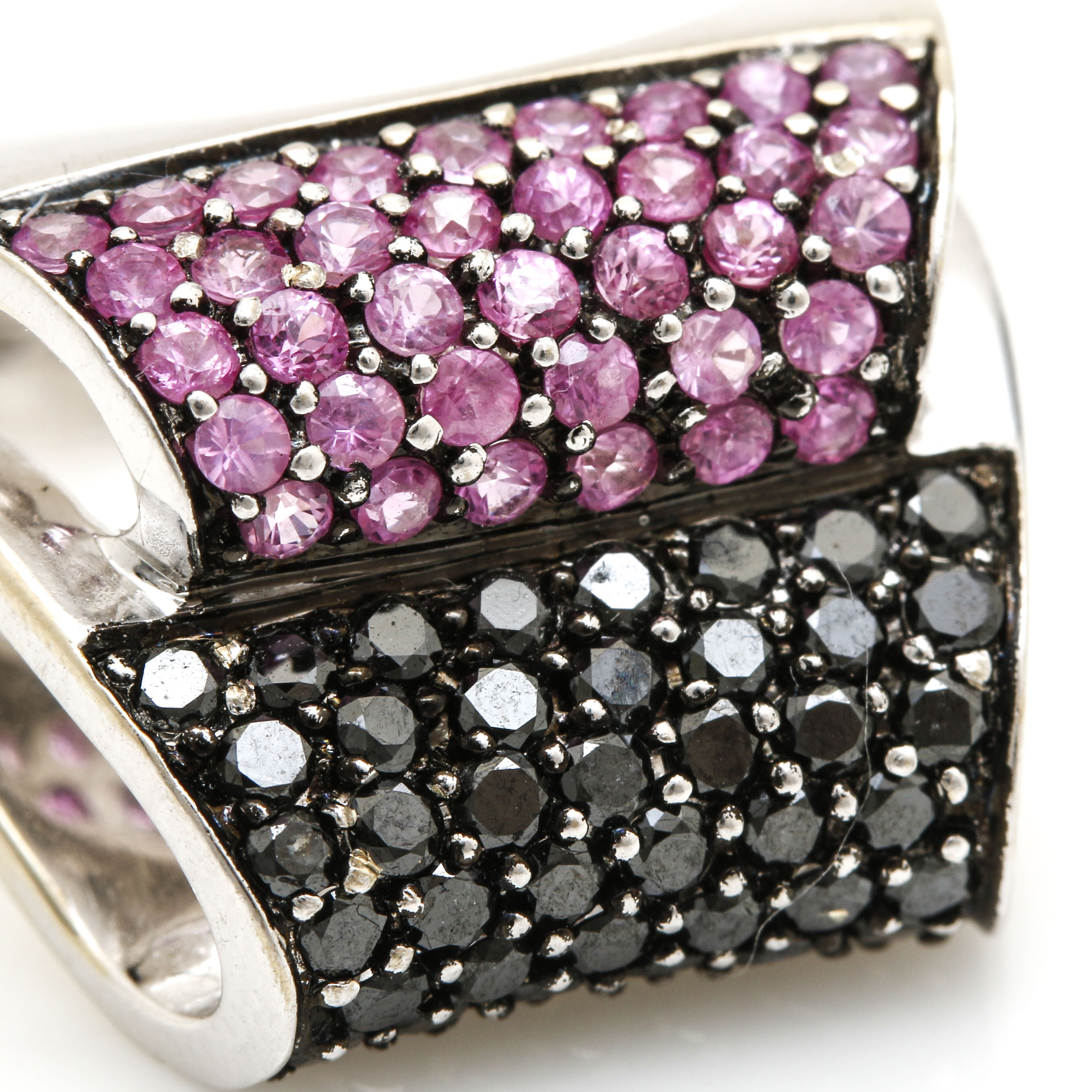 18K White Gold Pink Sapphire and Black Diamond Ring