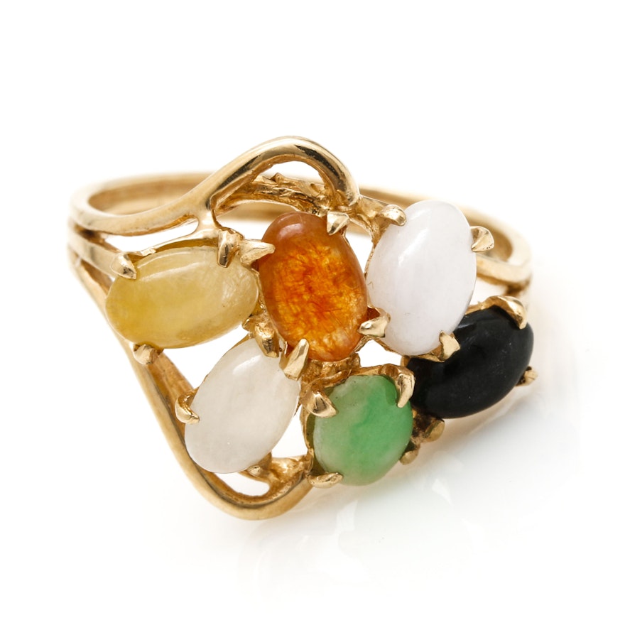 14K Yellow Gold Jadeite and Black Onyx Cluster Ring