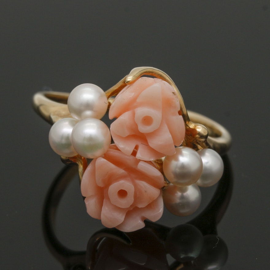 14K Yellow Gold Carved Angel Skin Coral and Cultured Pearl Ring