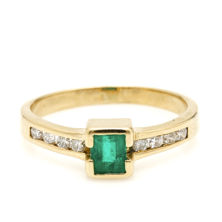 14K Yellow Gold Emerald And Diamond Accented Ring