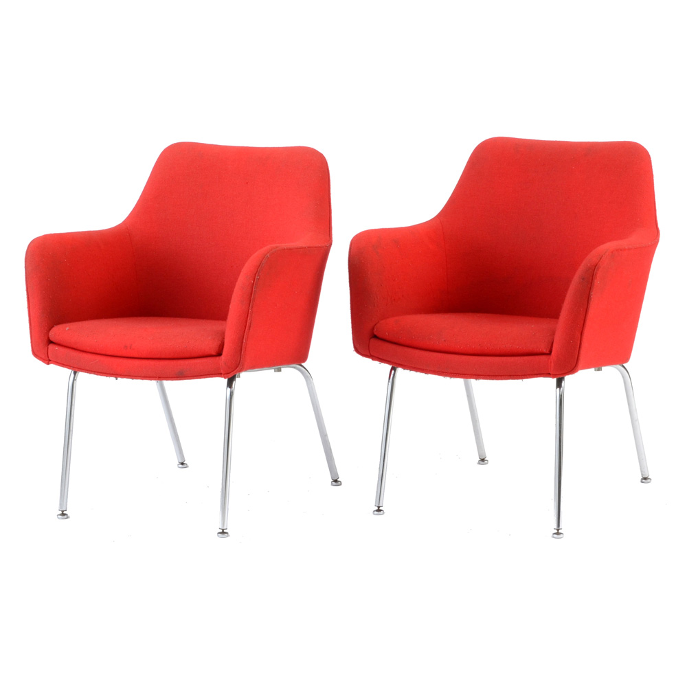 Pair of Two Vintage Red Upholstered Mid Century Modern