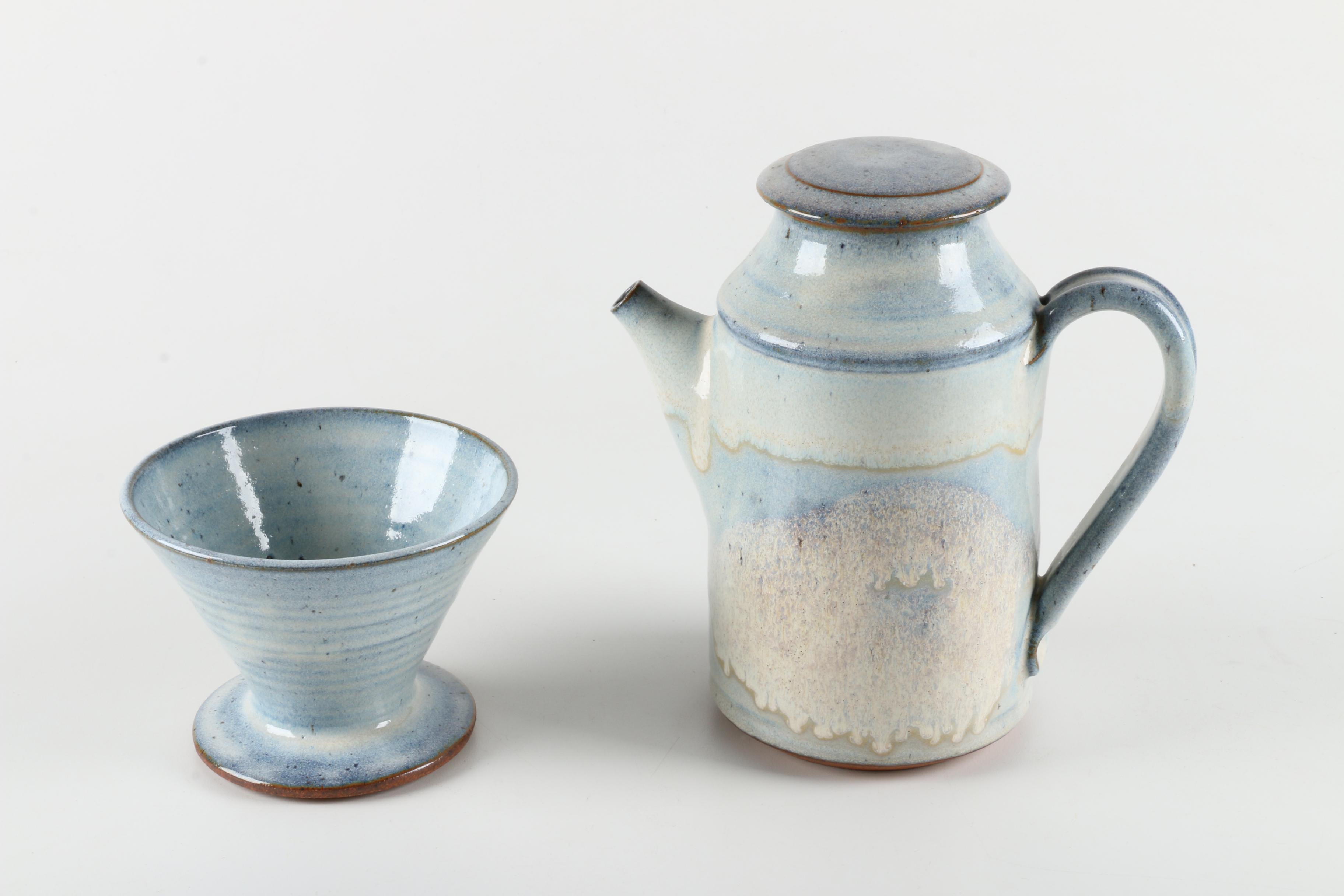 Hand-Thrown Earthenware Pitcher and Planter with Pale Blue Glaze