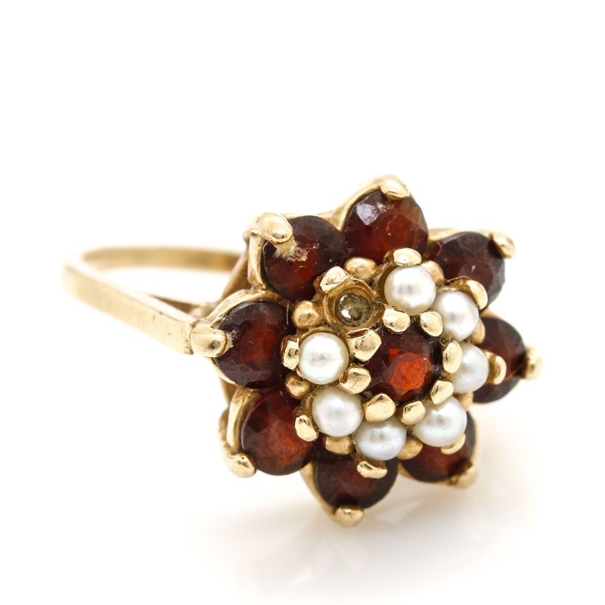 14K Yellow Gold Garnet and Cultured Pearl Floral Ring