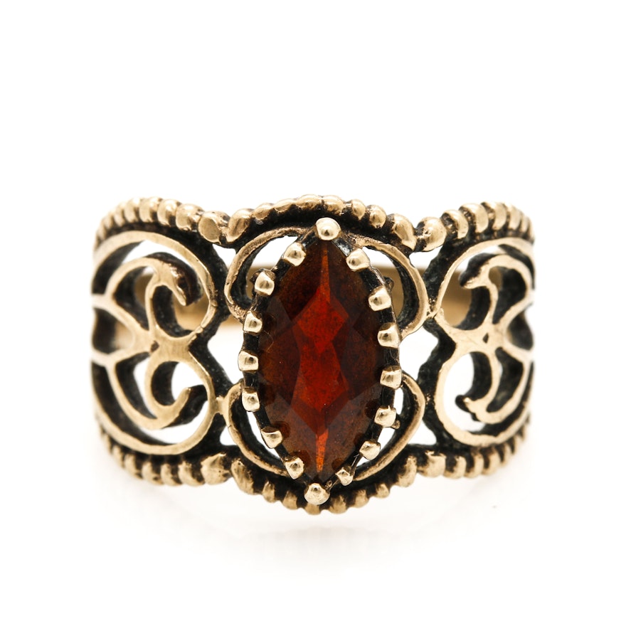 10K Yellow Gold Garnet Scrolled Ring