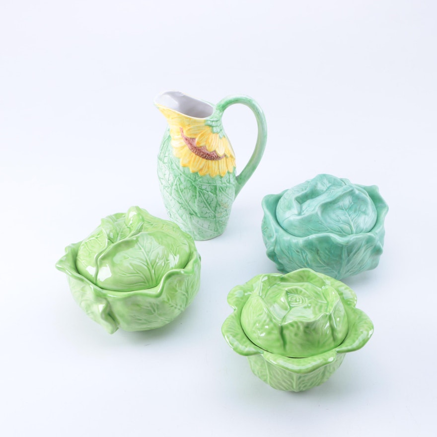 "Sunflower" Pitcher and Cabbage Shaped Bowls