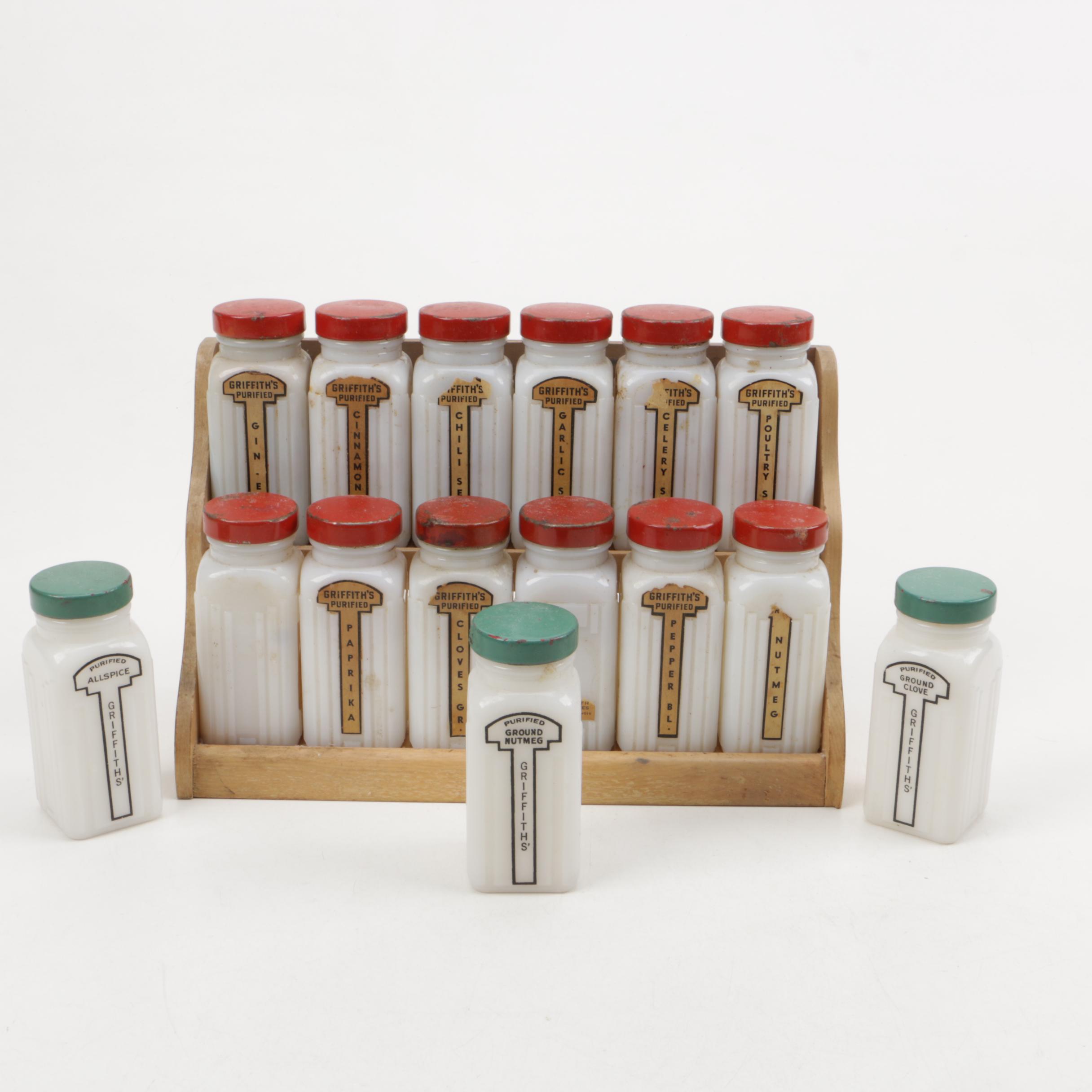 Vintage Griffith's Spice Rack with Milk Glass and Metal Jars