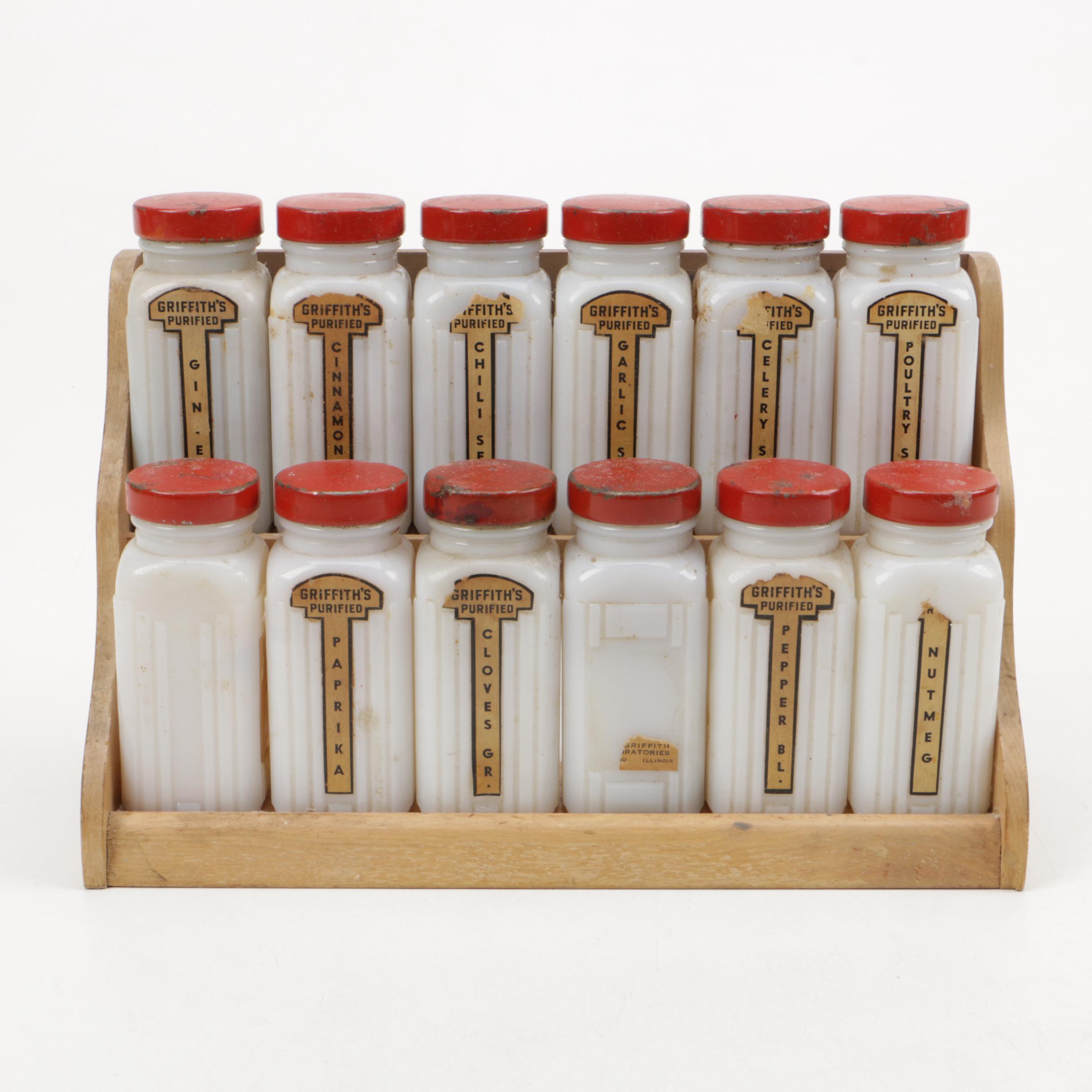 Vintage Griffith's Spice Rack with Milk Glass and Metal Jars