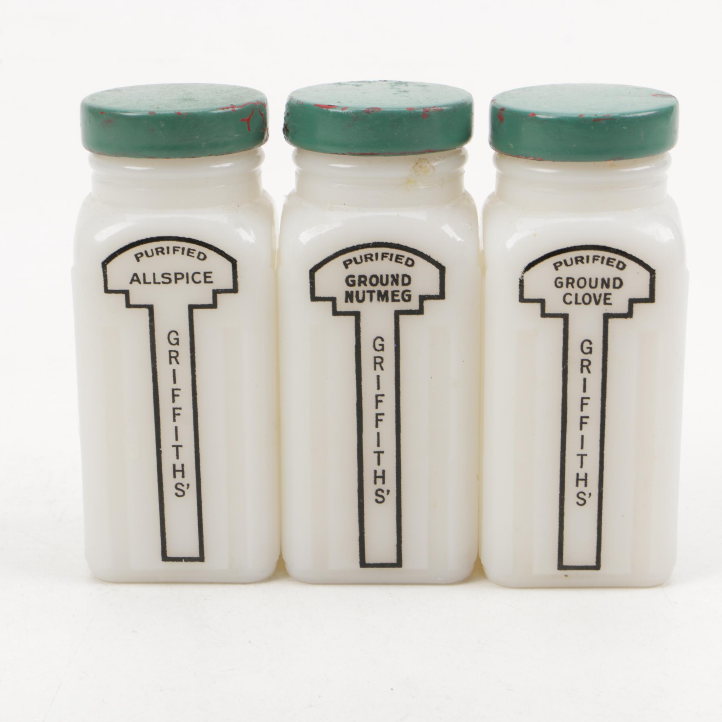 Vintage Griffith's Spice Rack with Milk Glass and Metal Jars