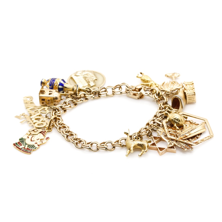 14K Yellow Gold Charm Bracelet With Mixed Gold Charms