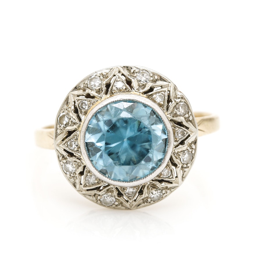 Platinum and 14K Yellow Gold Blue Zircon and Diamond Ring