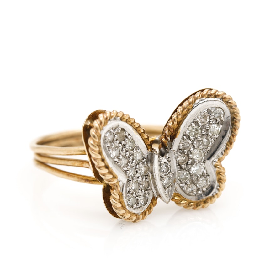 14K Yellow Gold Diamond Butterfly Ring