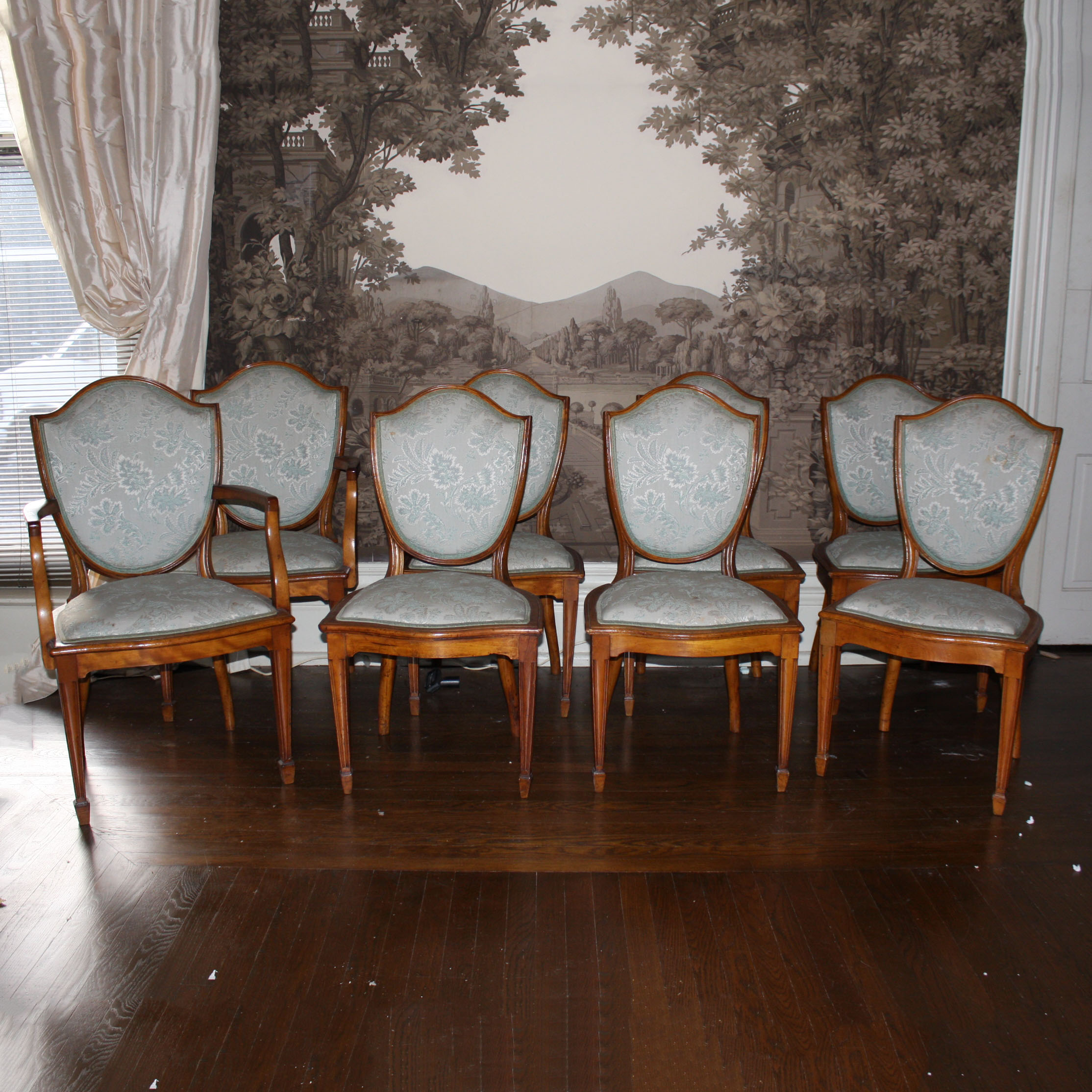 Eight Antique English Sheraton Style Satinwood Dining Chairs