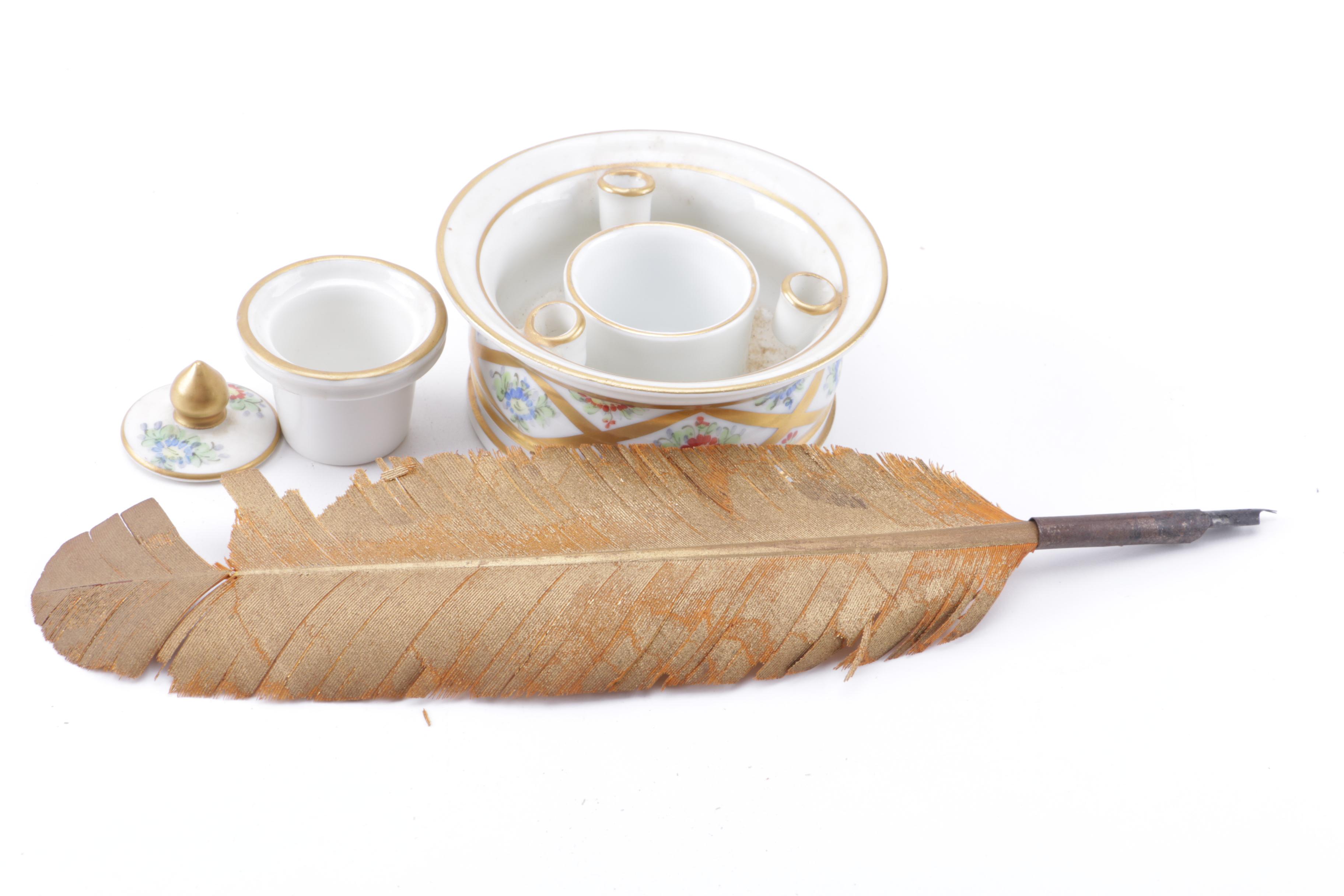 Hand-Painted Porcelain Inkwell and Painted Feather Fountain Pen
