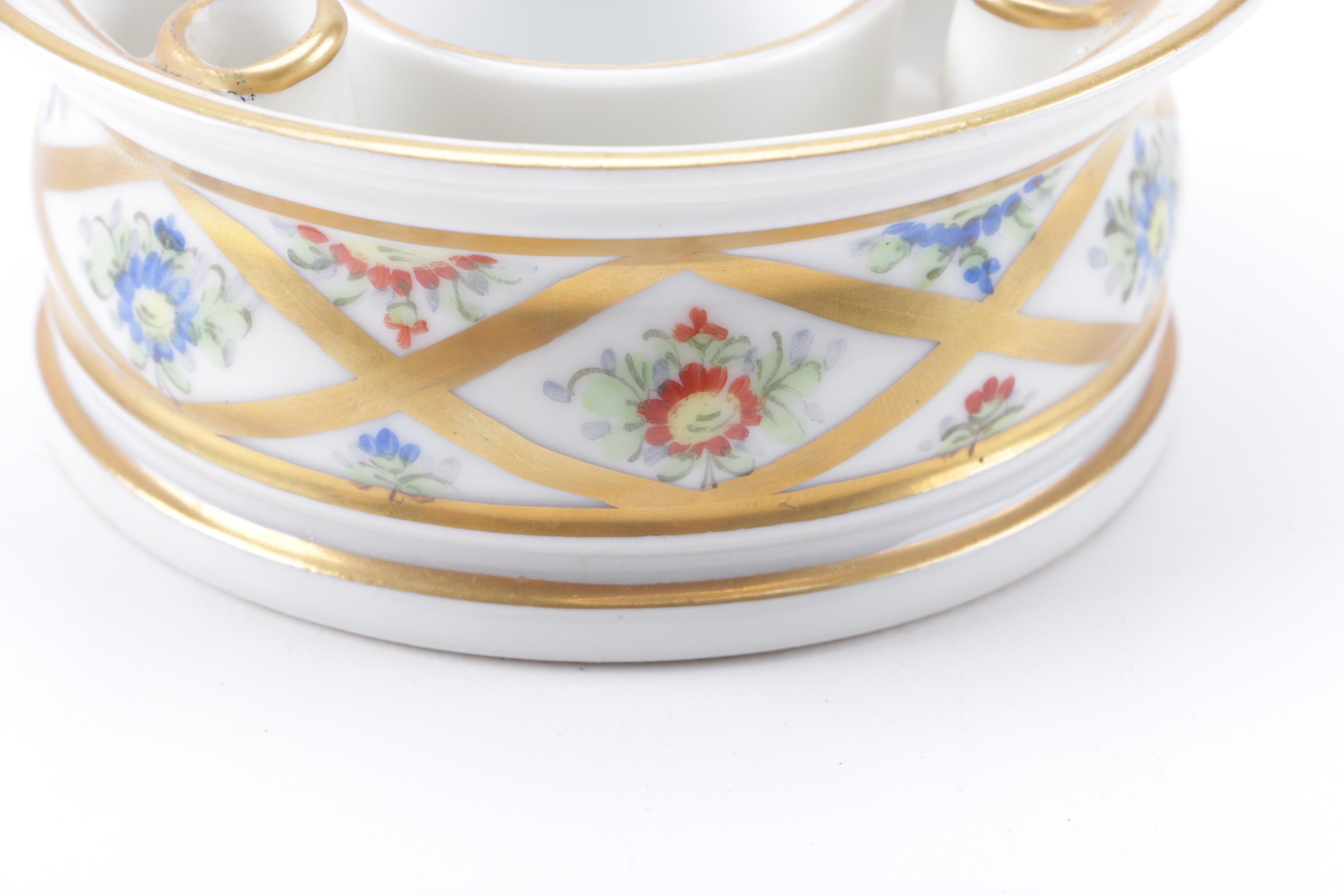 Hand-Painted Porcelain Inkwell and Painted Feather Fountain Pen