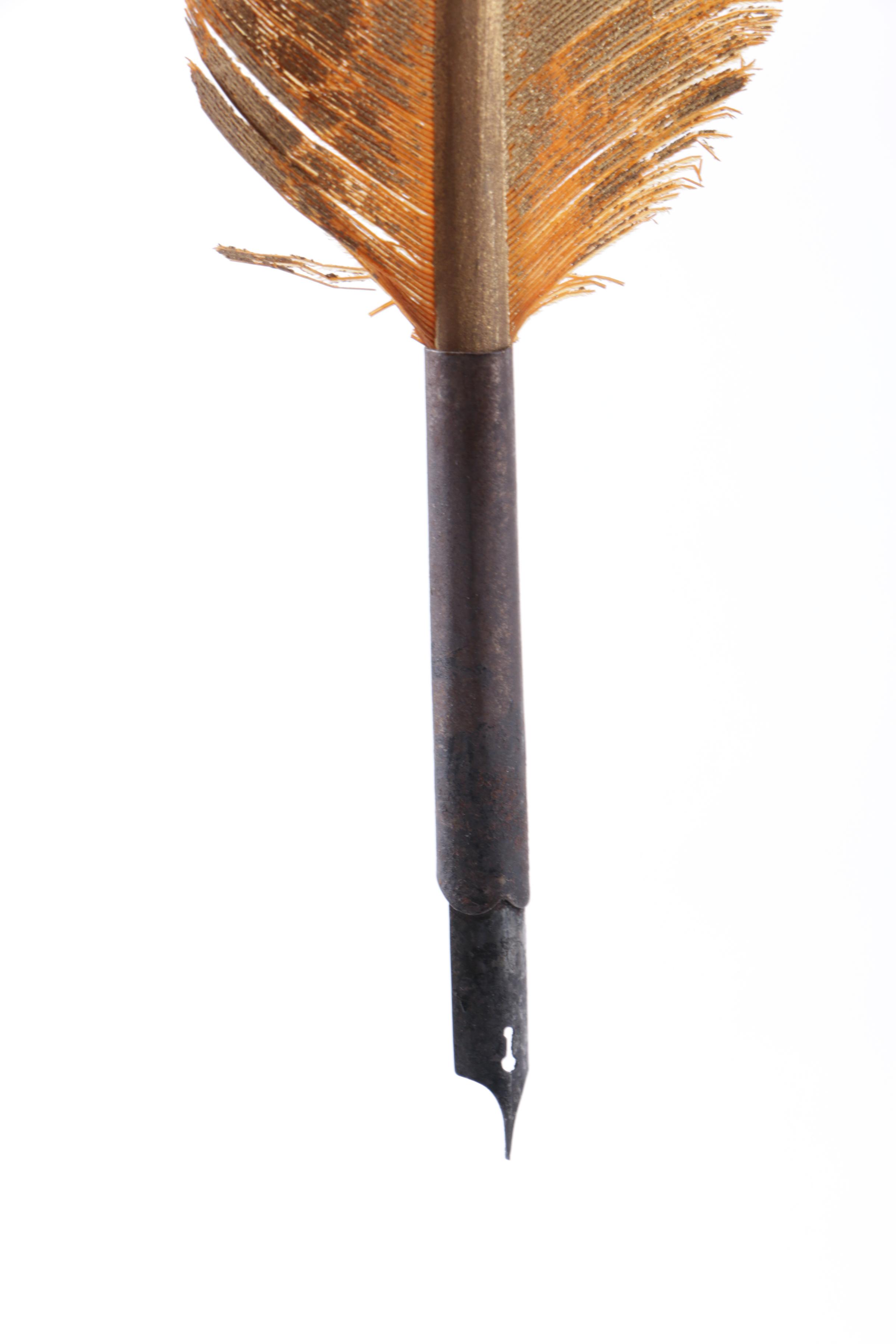 Hand-Painted Porcelain Inkwell and Painted Feather Fountain Pen