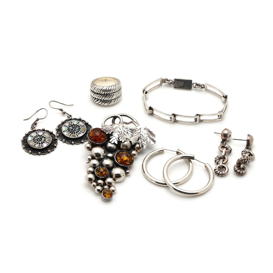 Assortment of Sterling Silver Jewelry Including Amber and Mother of Pearl