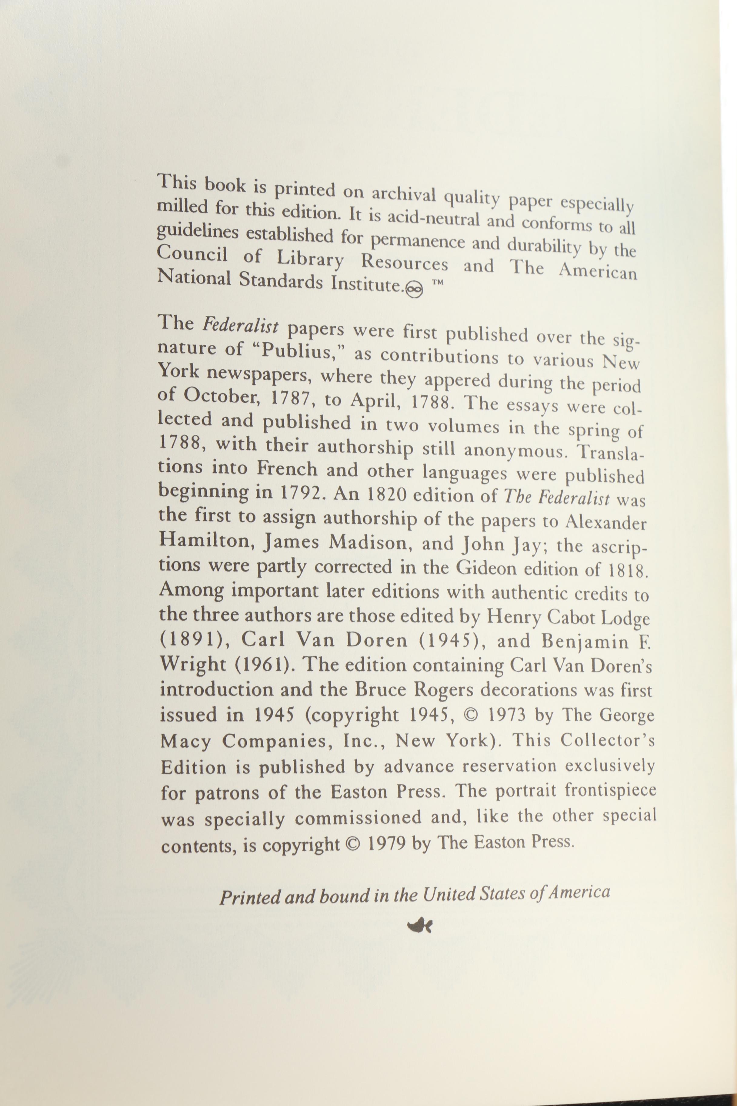 "The Federalist or The New Constitution" Published by Easton Press
