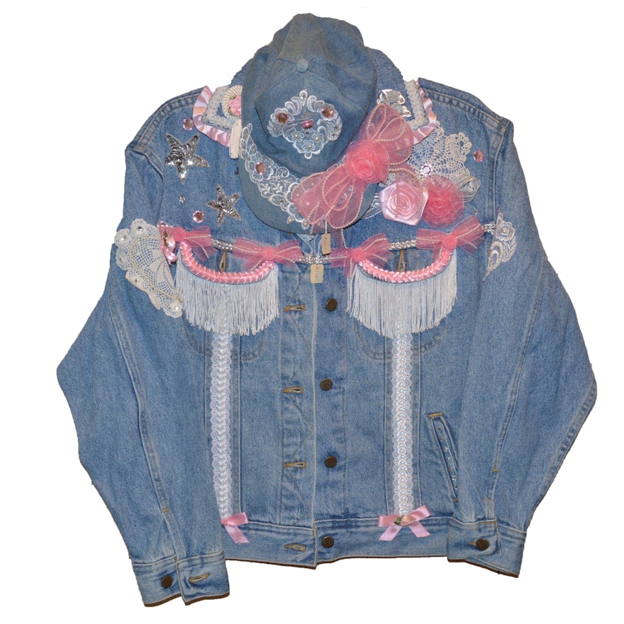 Vintage Denim Jacket and Cap with Hand-Sewn Details