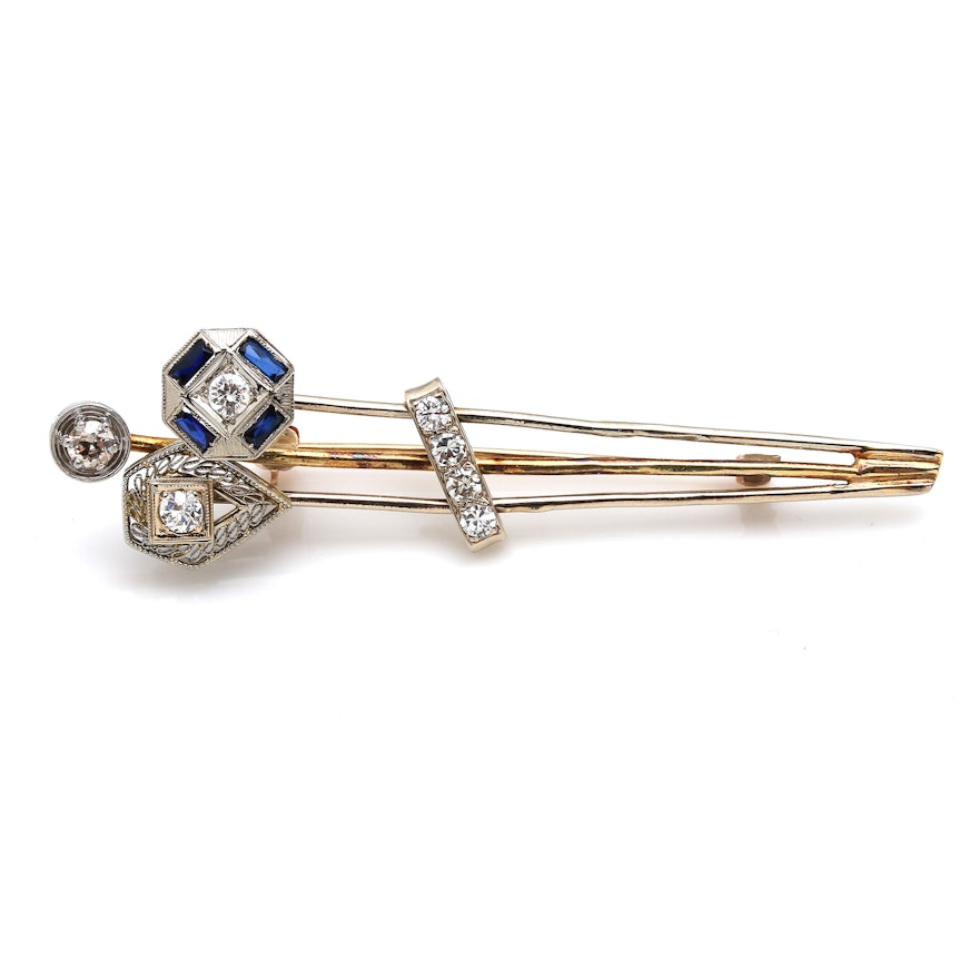 Mixed Gold, Platinum, 0.53 CTW Diamond and Sapphire Project Brooch