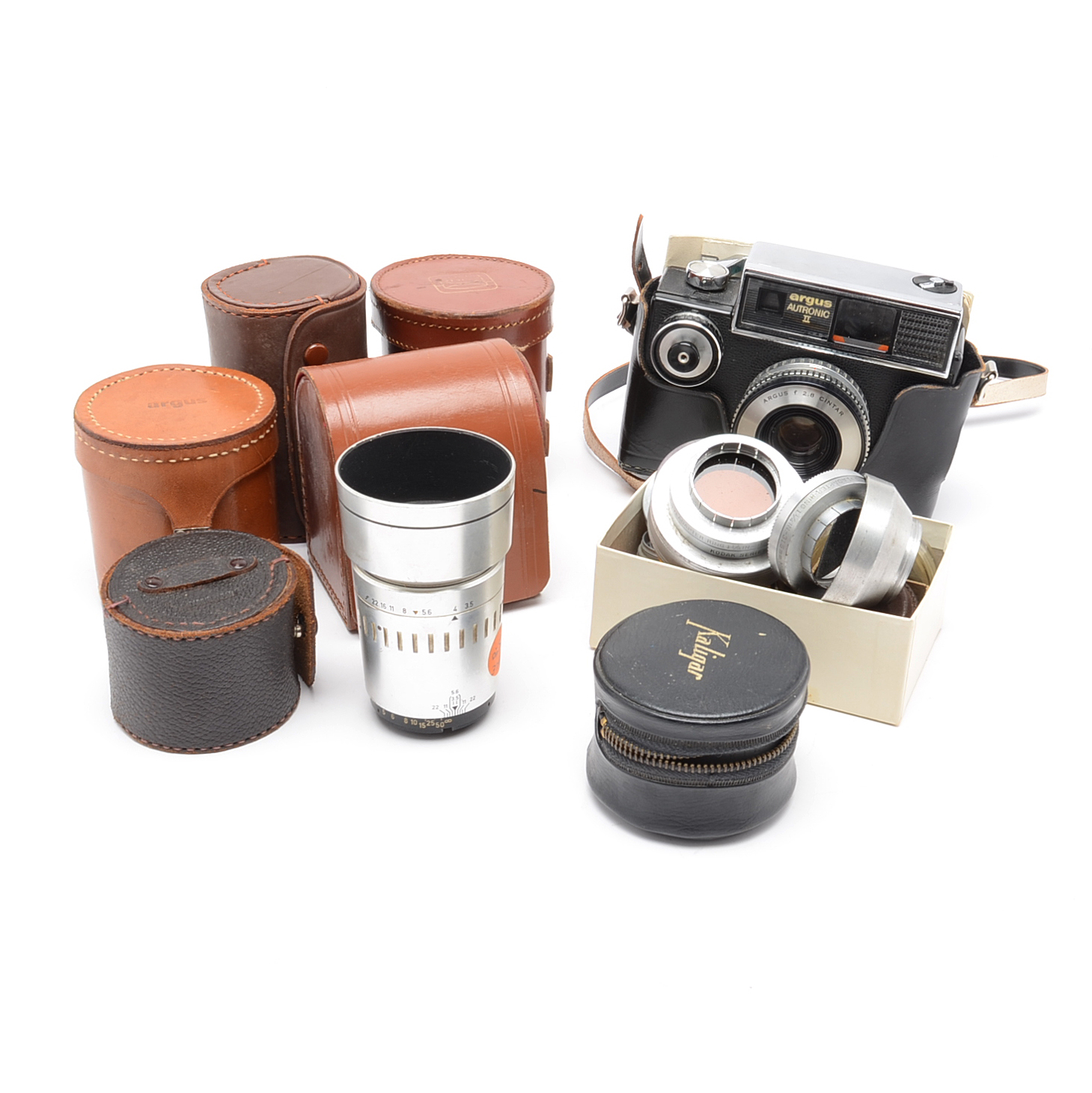 Assortment of Vintage Camera Lenses and Argus Autronic II Camera