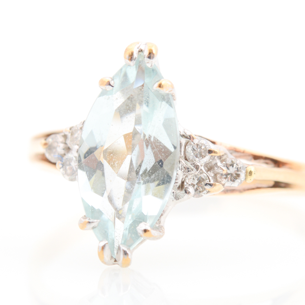 10K Yellow Gold Aquamarine and Diamond Ring