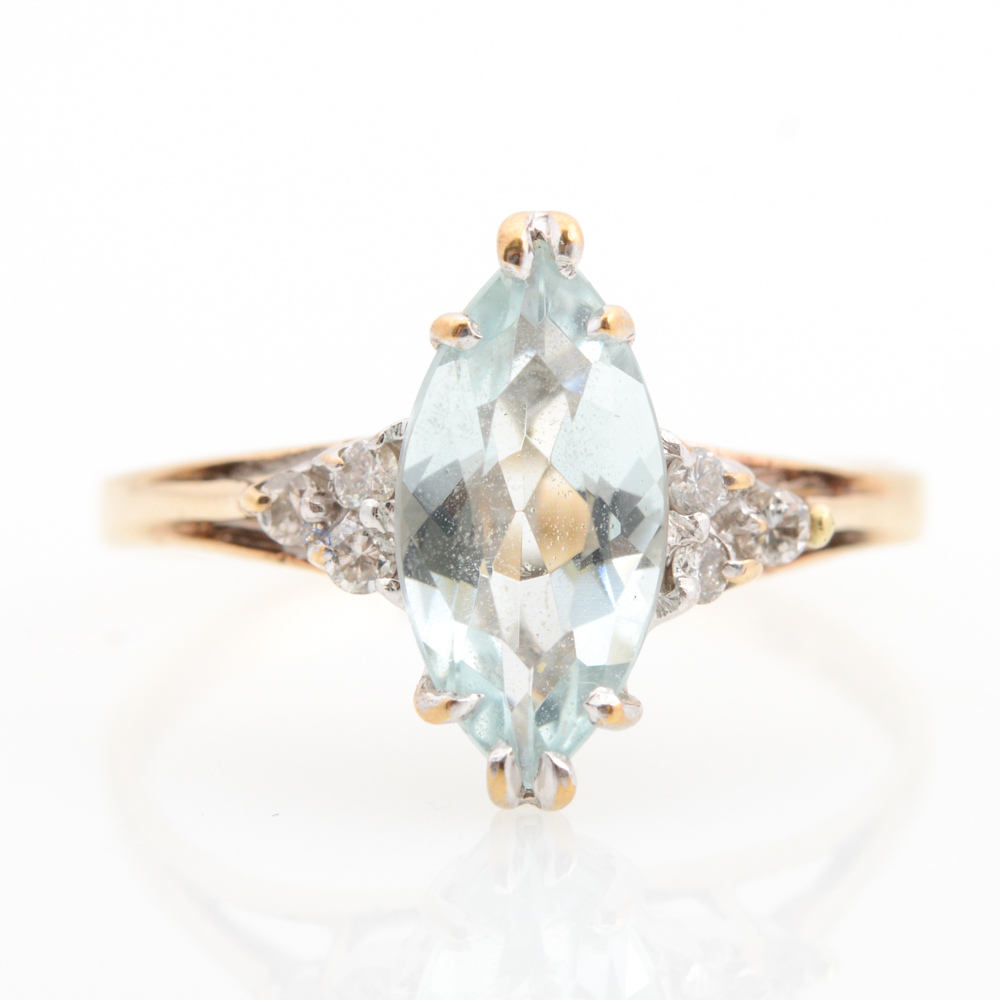 10K Yellow Gold Aquamarine and Diamond Ring