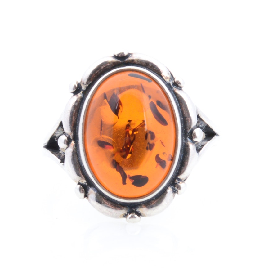 Sterling Silver Imitation Amber Ring