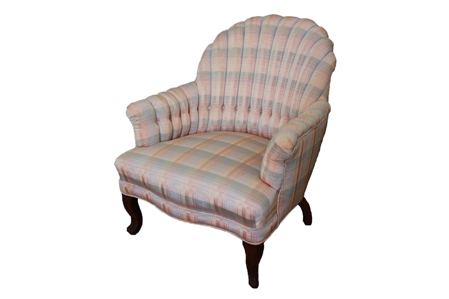 Vintage Queen Anne Style Upholstered Shellback Armchair