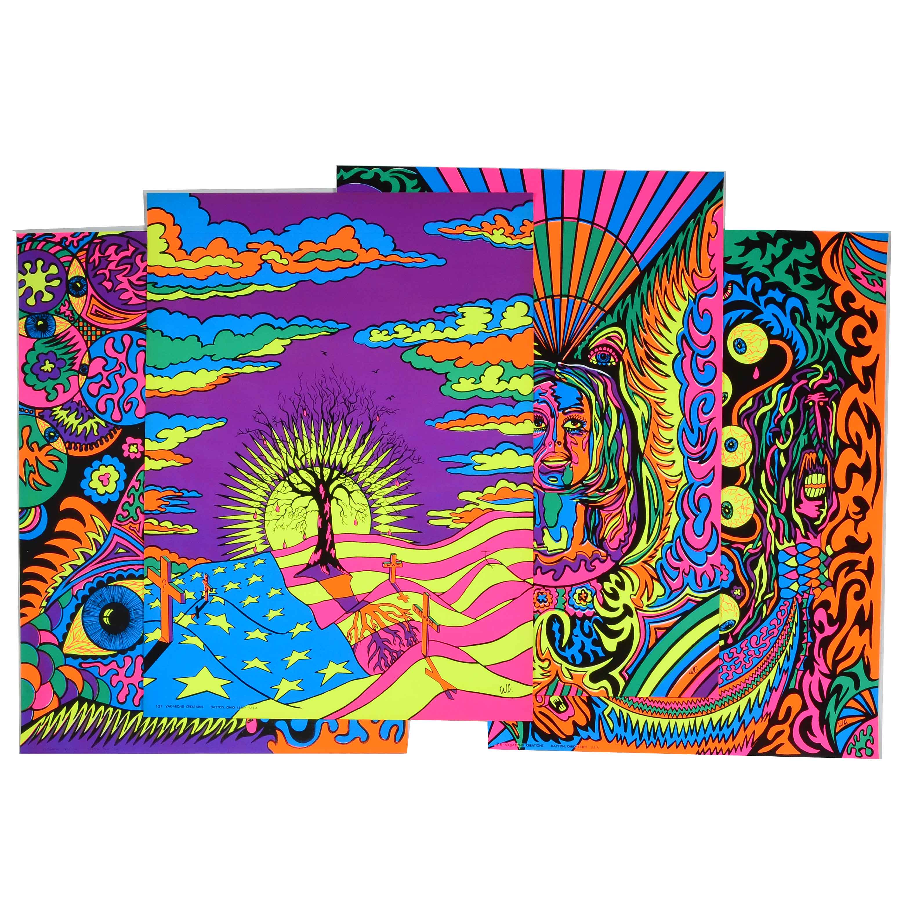 Four Vintage Psychedelic Blacklight Serigraph Posters