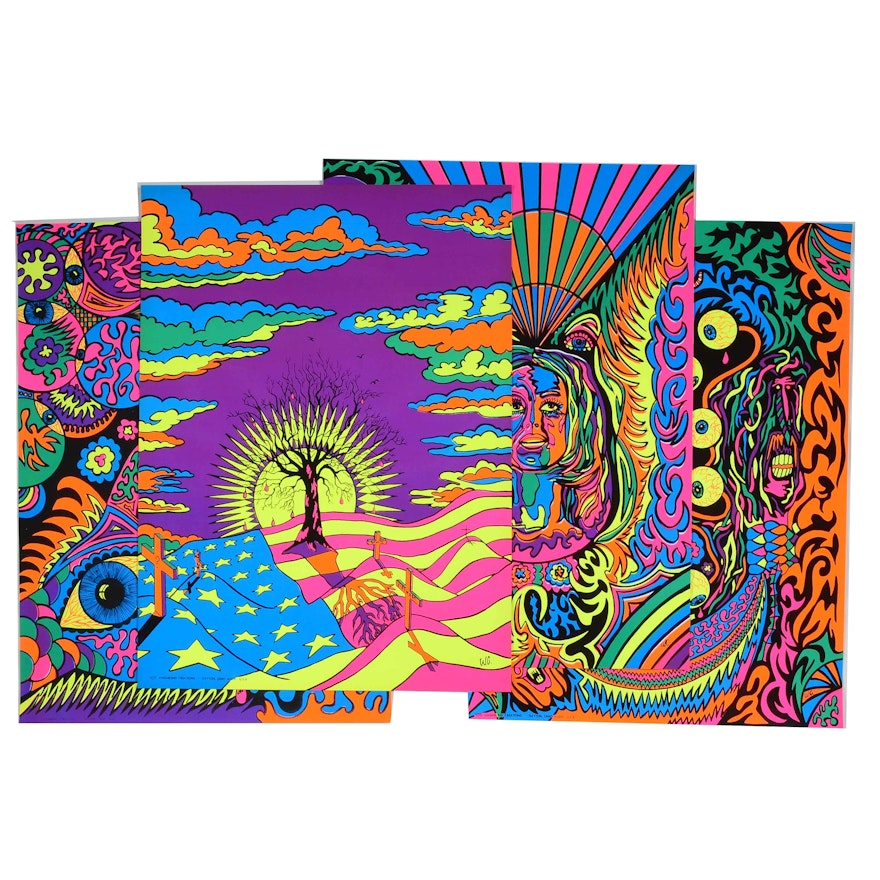 Four Vintage Psychedelic Blacklight Serigraph Posters