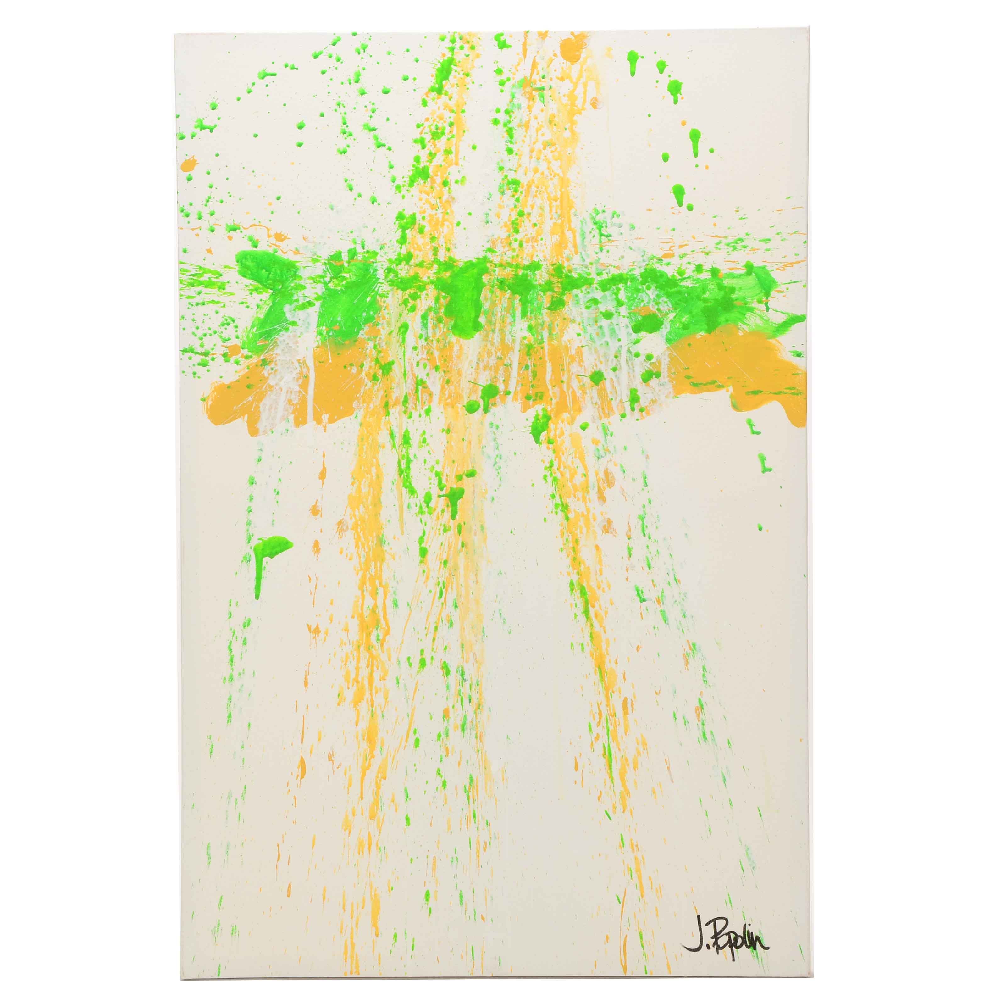 J. Popolin Acrylic Painting on Canvas "Ochre, Green Drips"