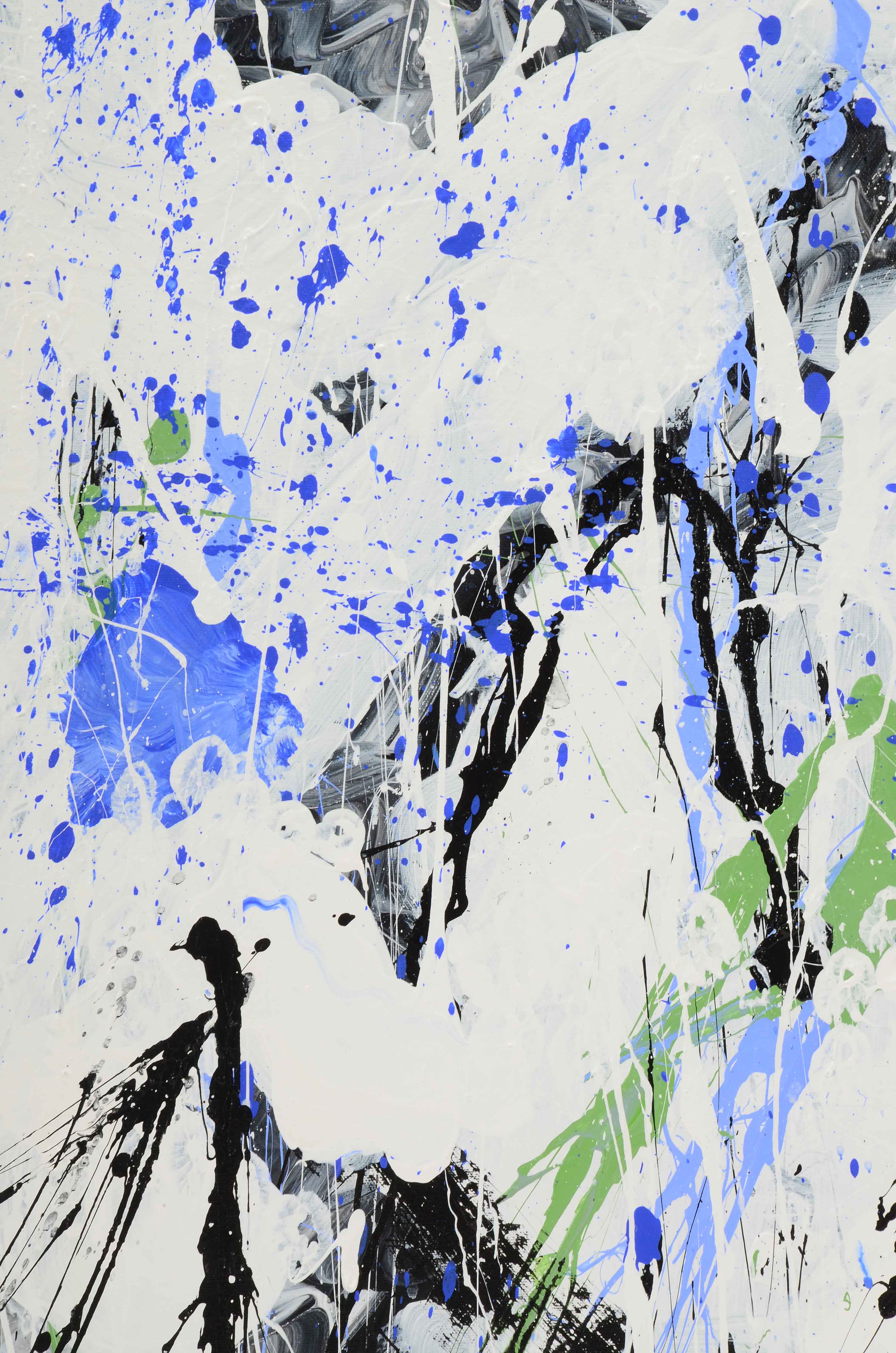 J. Popolin Acrylic on Canvas "White Black Blue Drips"